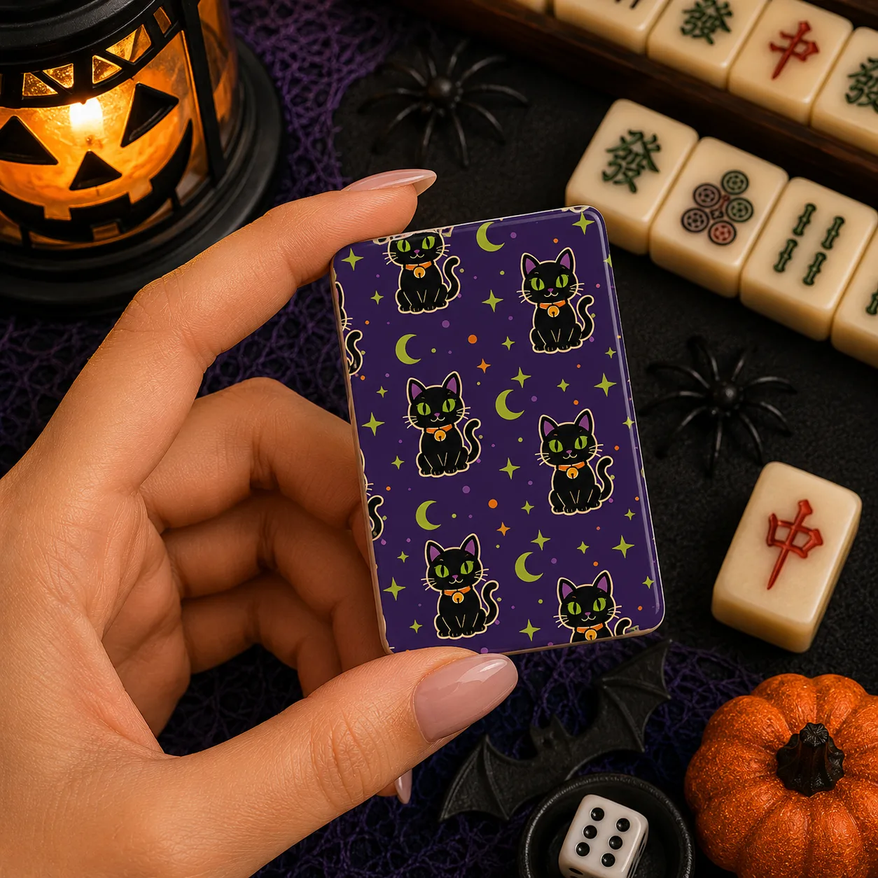 Black Cat Halloween Mahjong Tiles, Cute Witch Cat Mahjong Set, Spooky Moon Game Tiles, Pumpkin Hex Halloween Mahjong Tiles