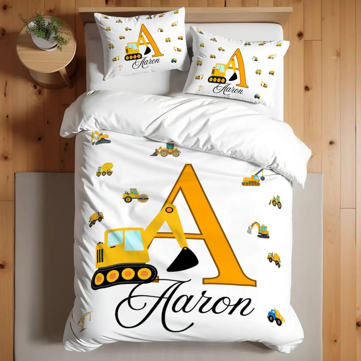 Personalized Construction Truck Twin Duvet Cover with 2 pillowcases cover: Boys Room Decor