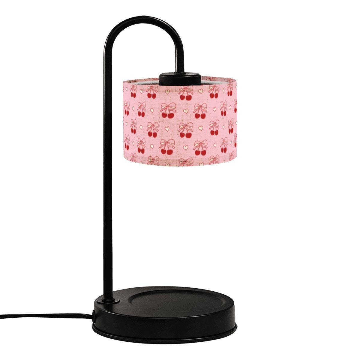 Pink Cherry Bow Candle Warmer Lamp | Dimmable Wax Melter with Timer & Remote | Cute Linen Shade Desk Light for Cozy Decor