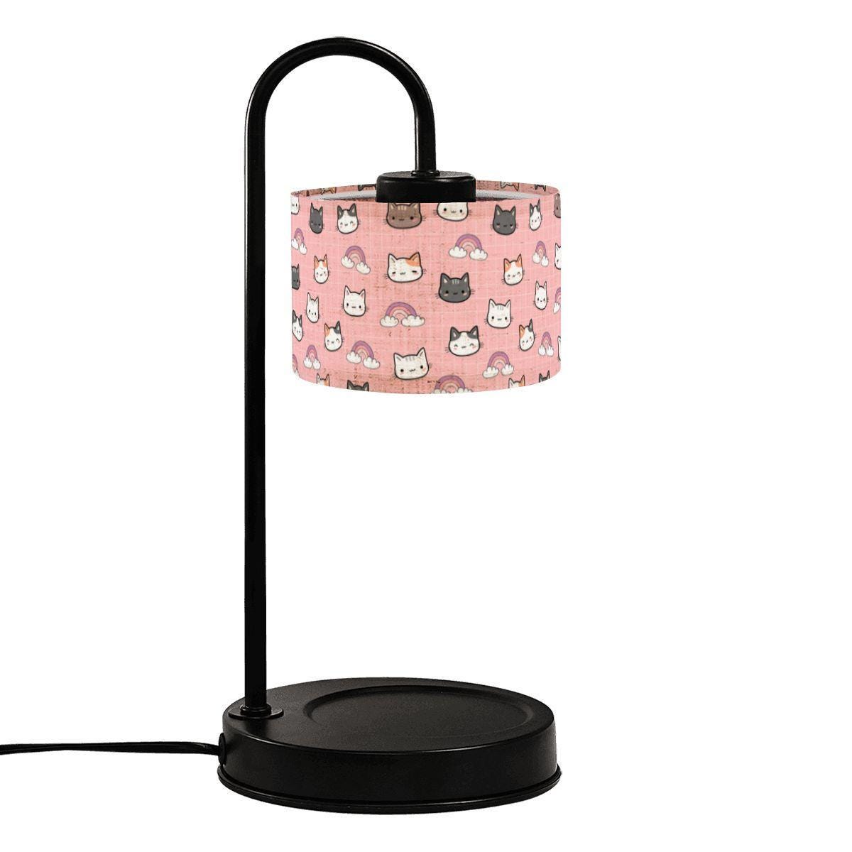 Pink Cat Print Candle Warmer Lamp | Dimmable Wax Melting Light with Timer Remote | Cute Kitty Linen Shade Cozy Desk Decor