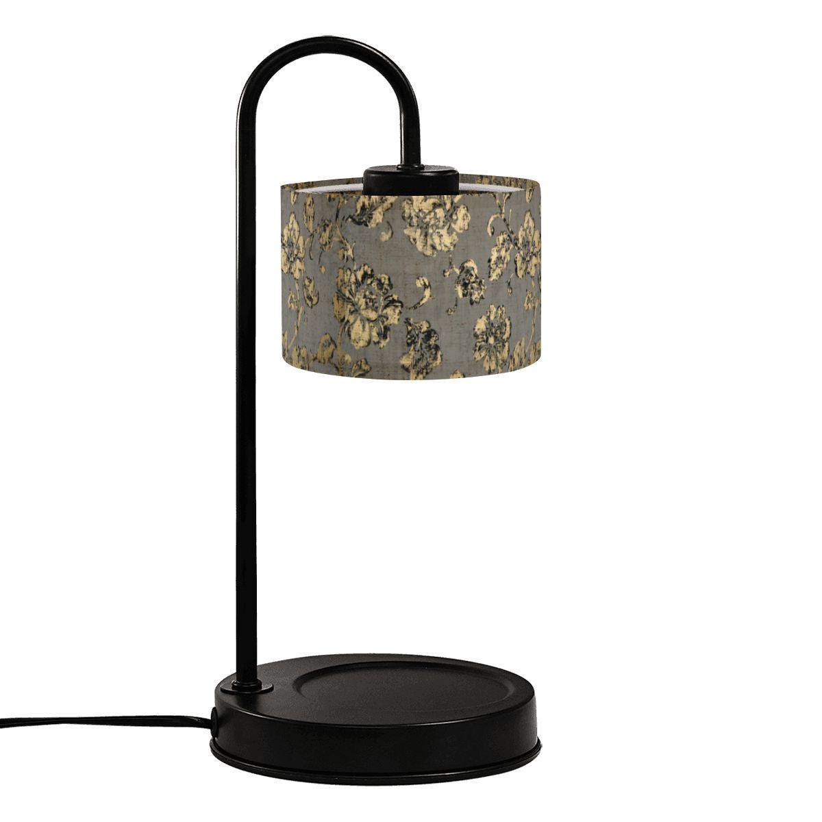 Vintage Floral Candle Warmer Lamp with Gray Gold Fabric Shade–Electric Wax Melt Warmer for Home Decor, Dimmable Fragrance Lamp