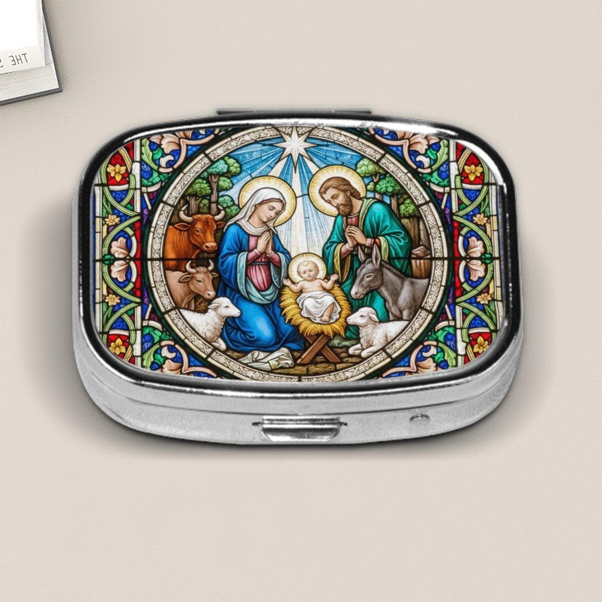 Nativity Scene Pill Case with Stained Glass Art – Small Religious Pill Box for Travel, Christian Gift Idea, Holy Family Medicine Holder