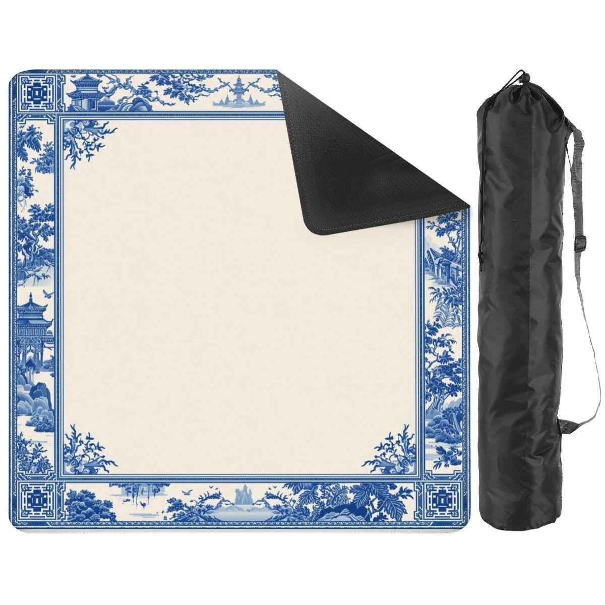 Chinoiserie Mahjong Mat with Bag – Blue Foldable Waterproof Game Mat 31.5"x31.5" for Mahjong, Card Games, Tabletop Play and Decor