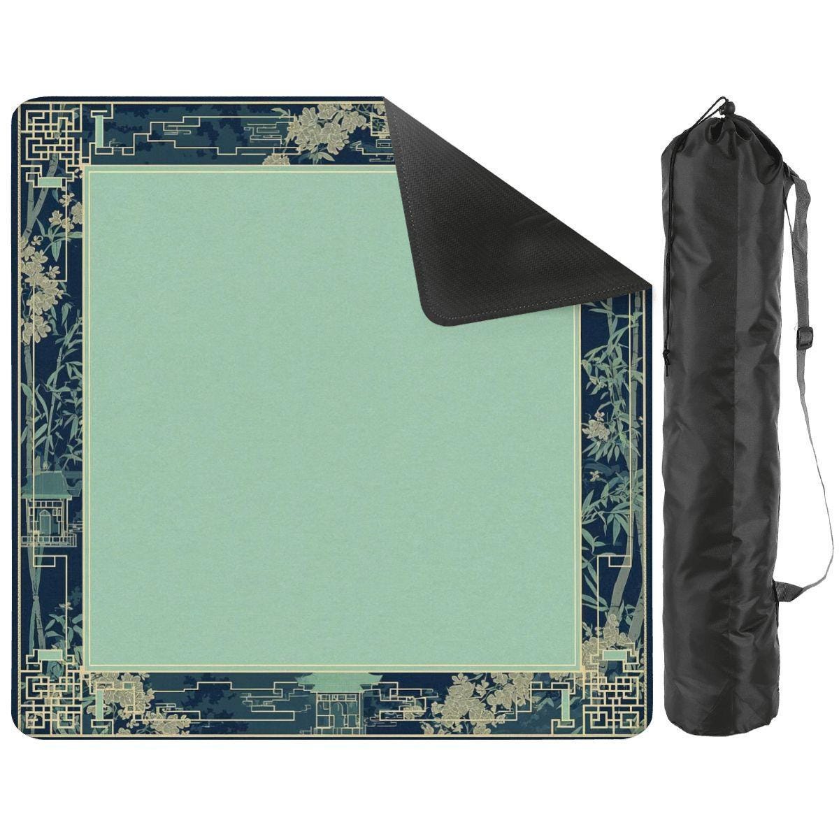 Mint Green Mahjong Table Mat with Bag – Foldable Waterproof 31.5"x31.5" Game Mat with Decorative Border for Mahjong and Board Games