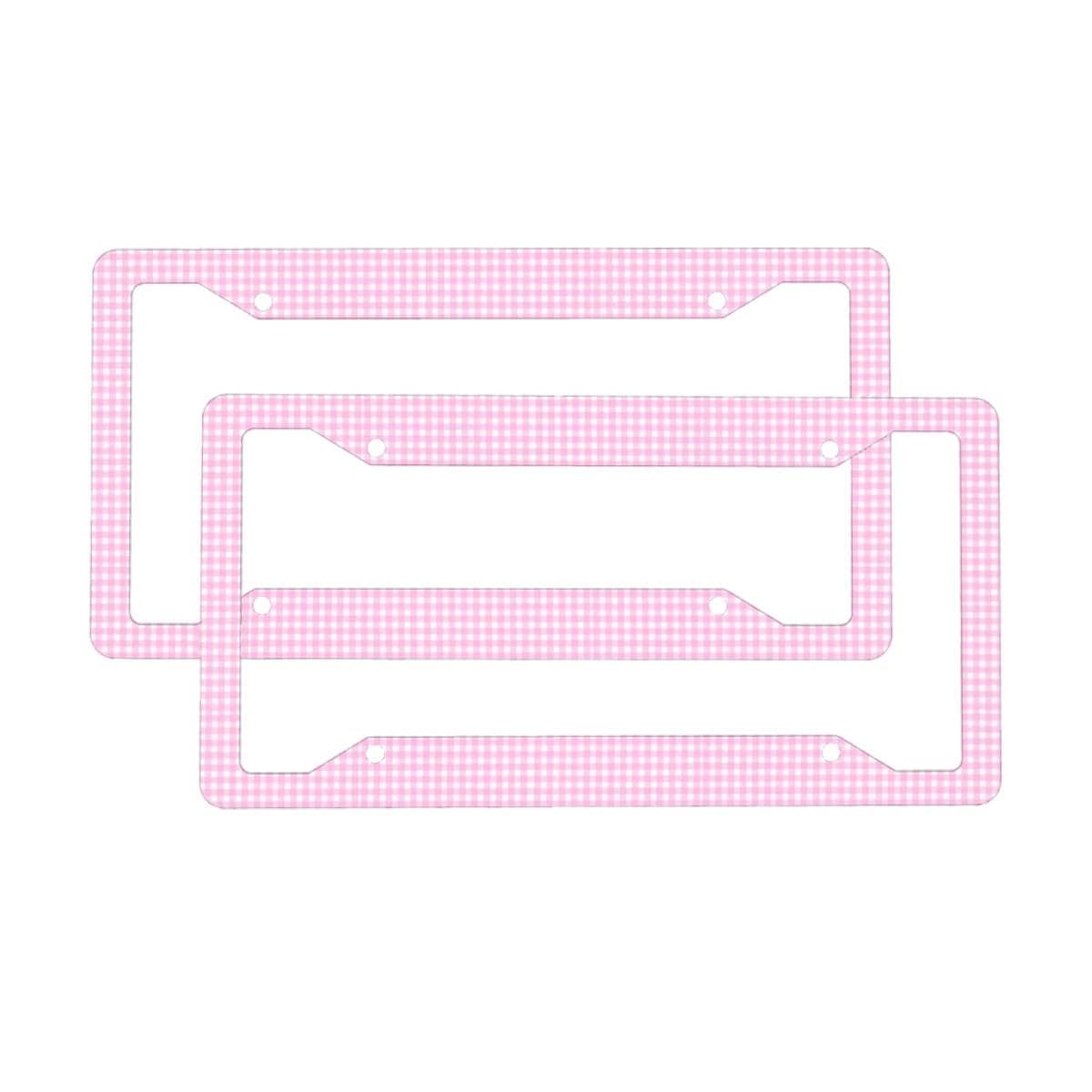 Pink Gingham License Plate Frame for Car | Cute Decorative Front Rear Cover | 4 Hole Standard Size Holder-2Pcs