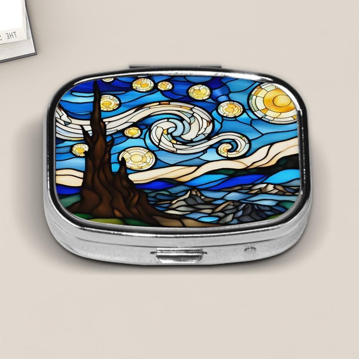 Van Gogh Starry Night Inspired Pill Box – Square Metal Travel Pill Case with Stained Glass Style Art for Medicine Storage Organizer