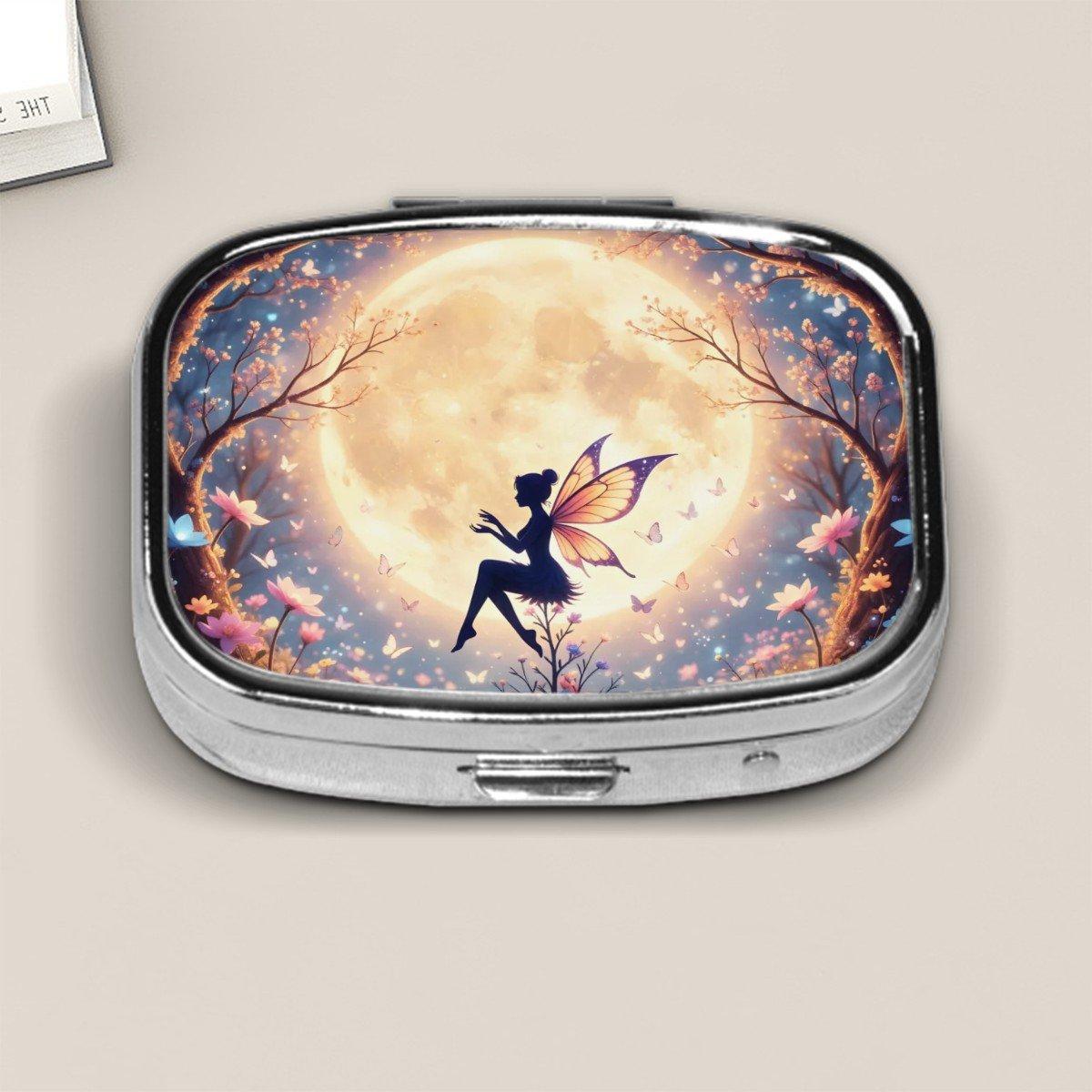 Fairy Moon Pill Case with Magical Night Scene – Small Fantasy Pill Box for Purse, Whimsical Travel Medicine Holder, Enchanted Gift Idea