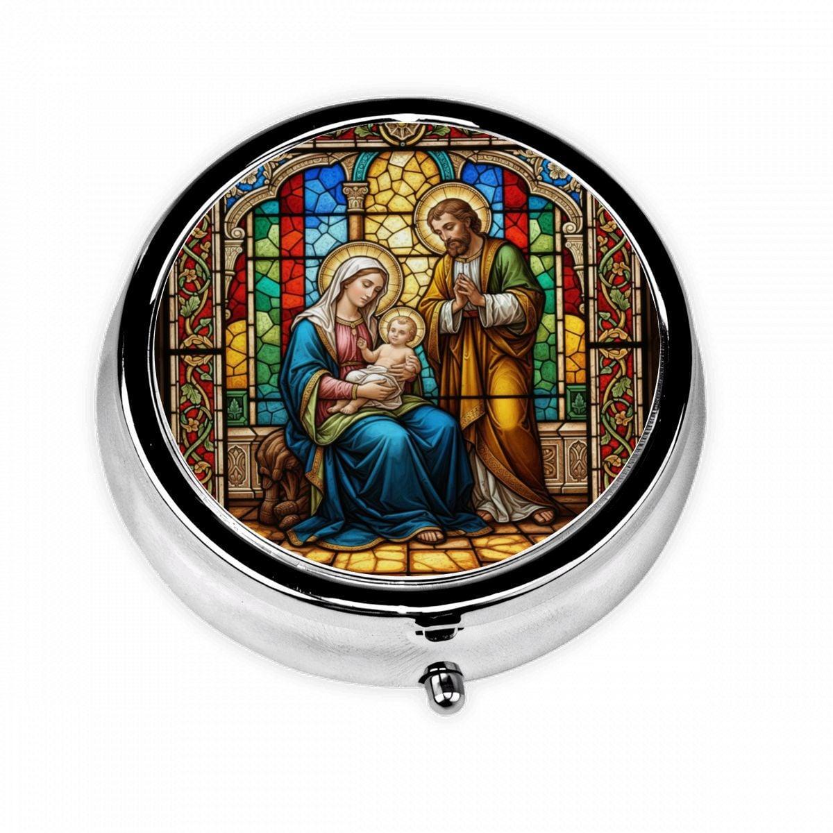 Holy Family Pill Case with Stained Glass Design – Round Religious Pill Box for Travel, Christian Medicine Holder, Catholic Faith Gift