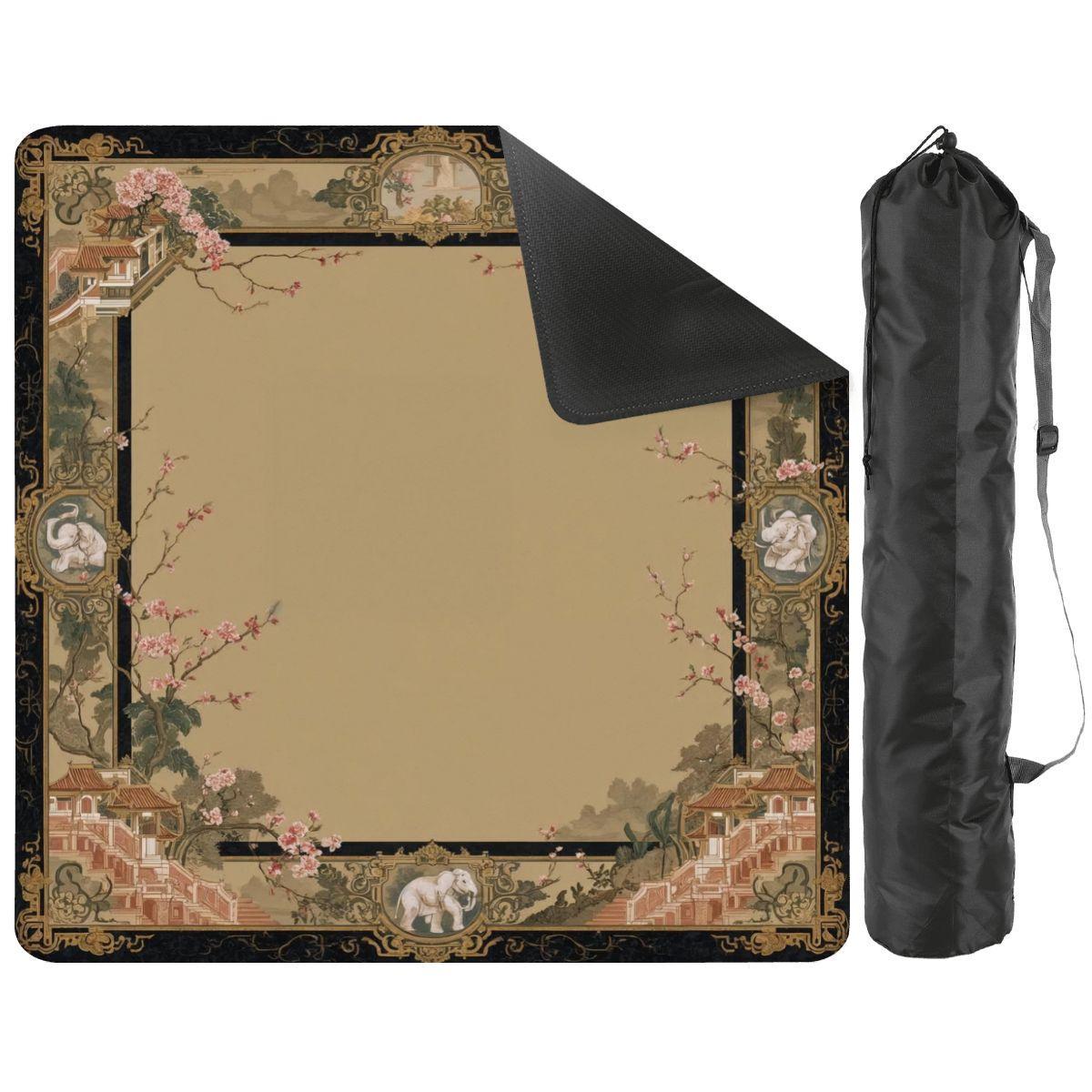 Chinoiserie Mahjong Mat with Bag–Waterproof 33"x33" Mat Featuring Elephants, Floral Border, and Scenic Architecture (ship rolled)