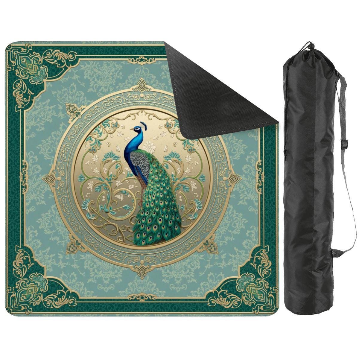 Peacock Mahjong Mat 31.5x31.5 Inch , Non Slip Portable Mahjong Game Mat with Carry Bag, Decorative Card & Tile Play Mat (Ship Rolled up)