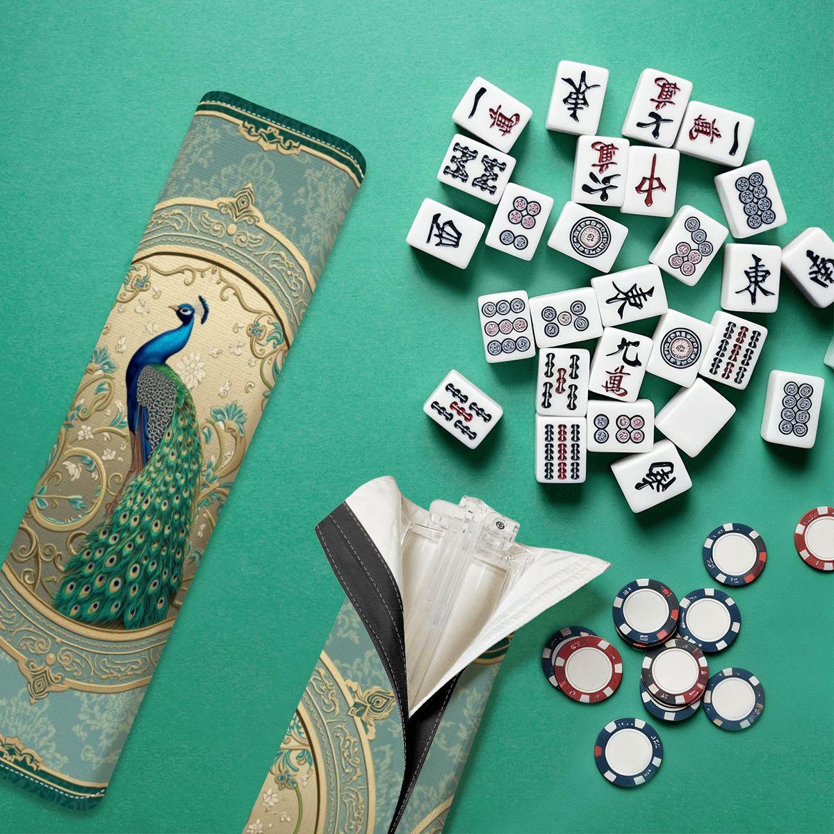 Peacock Mahjong Storage Bag with Velcro Attachment, Portable Mahjong Accessories Holder,4 Mahjong Tile Pusher Racks