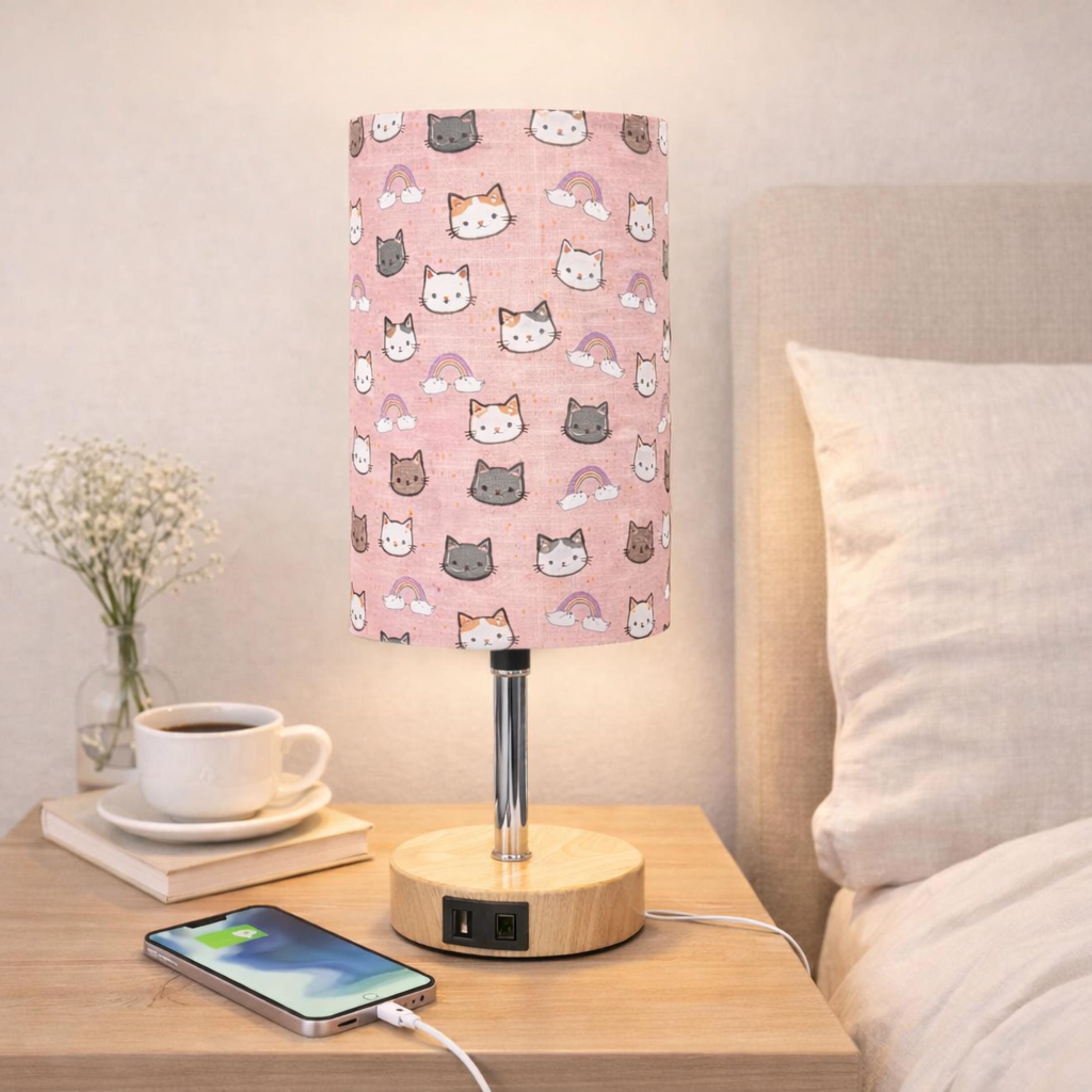 Pink Cute Cat Bedside Table Lamp with Touch Control Base, USB C & USB A Charging Ports, Linen Fabric Shade, Kids Room Nursery Night Light