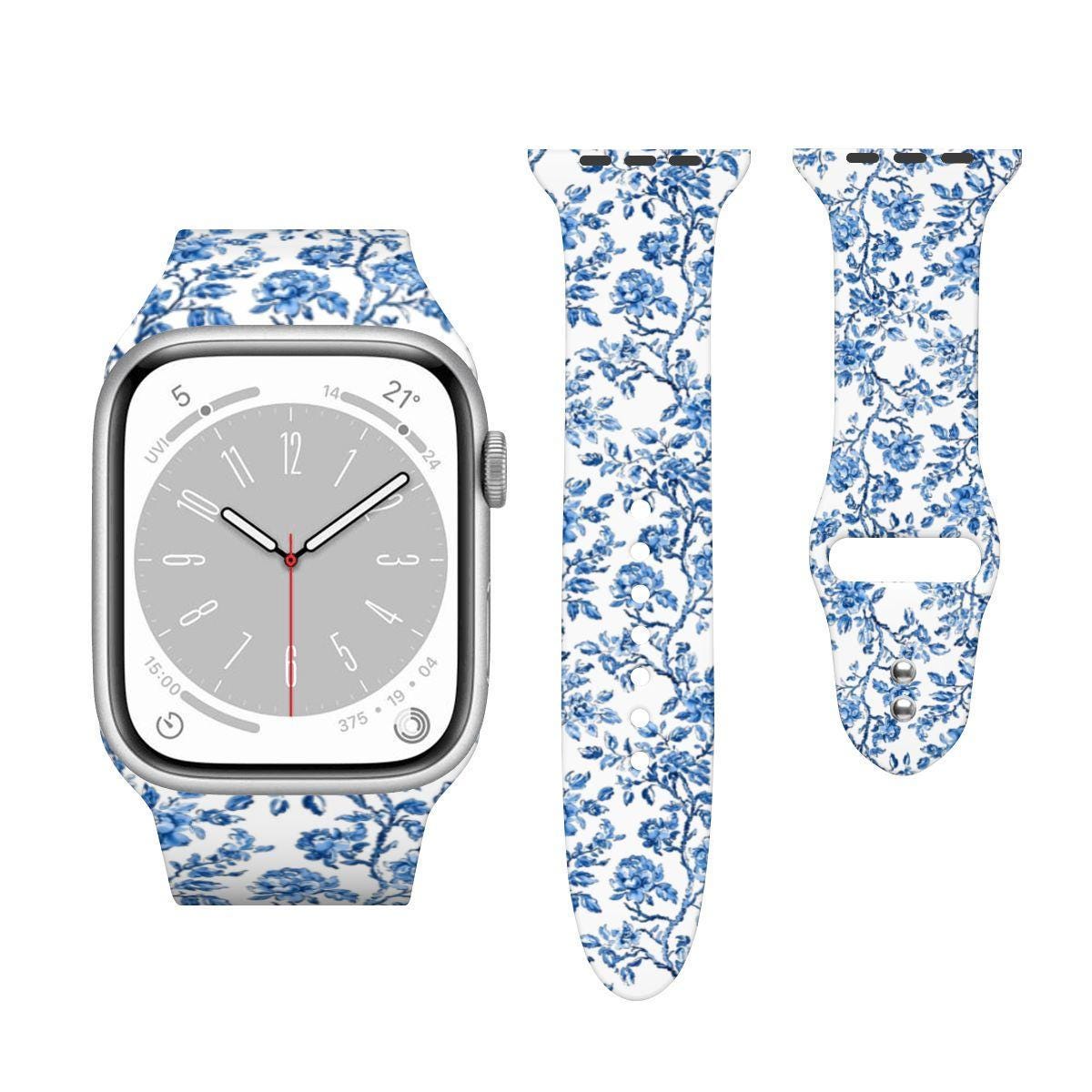 Blue Floral Apple Watch Band, Chinoiserie Toile Strap, Double Buckle Watch Band, Vintage Porcelain Style Gift for Her