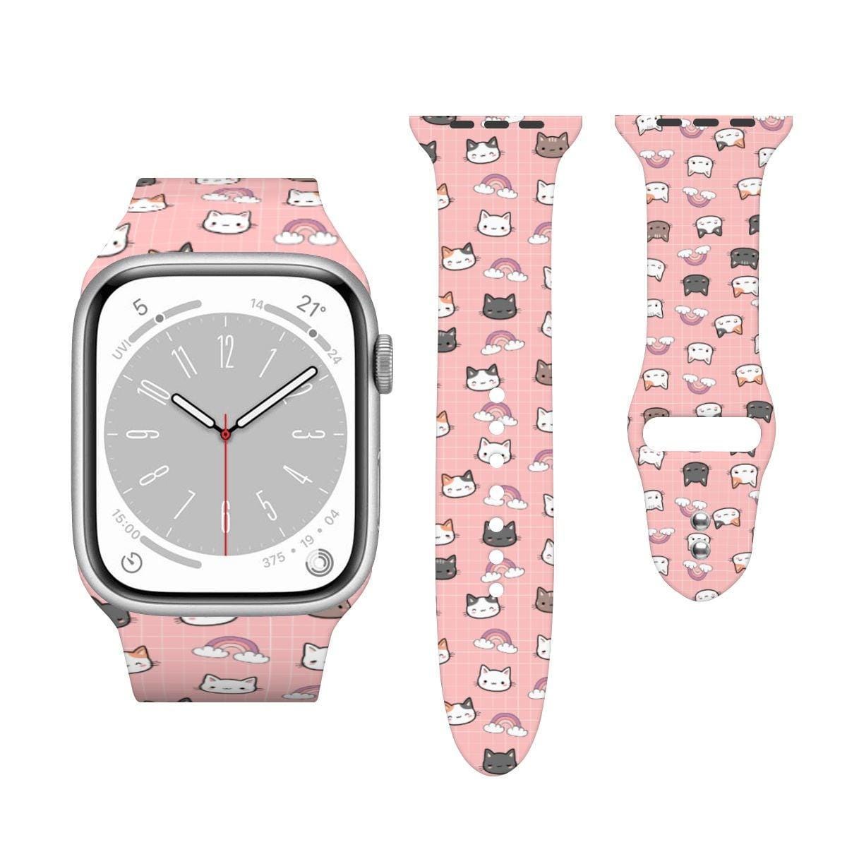 Cute Cat Apple Watch Band, Pink Kawaii Kitty Strap, Cartoon Cat Wristband, Double Buckle Watch Band Gift for Her
