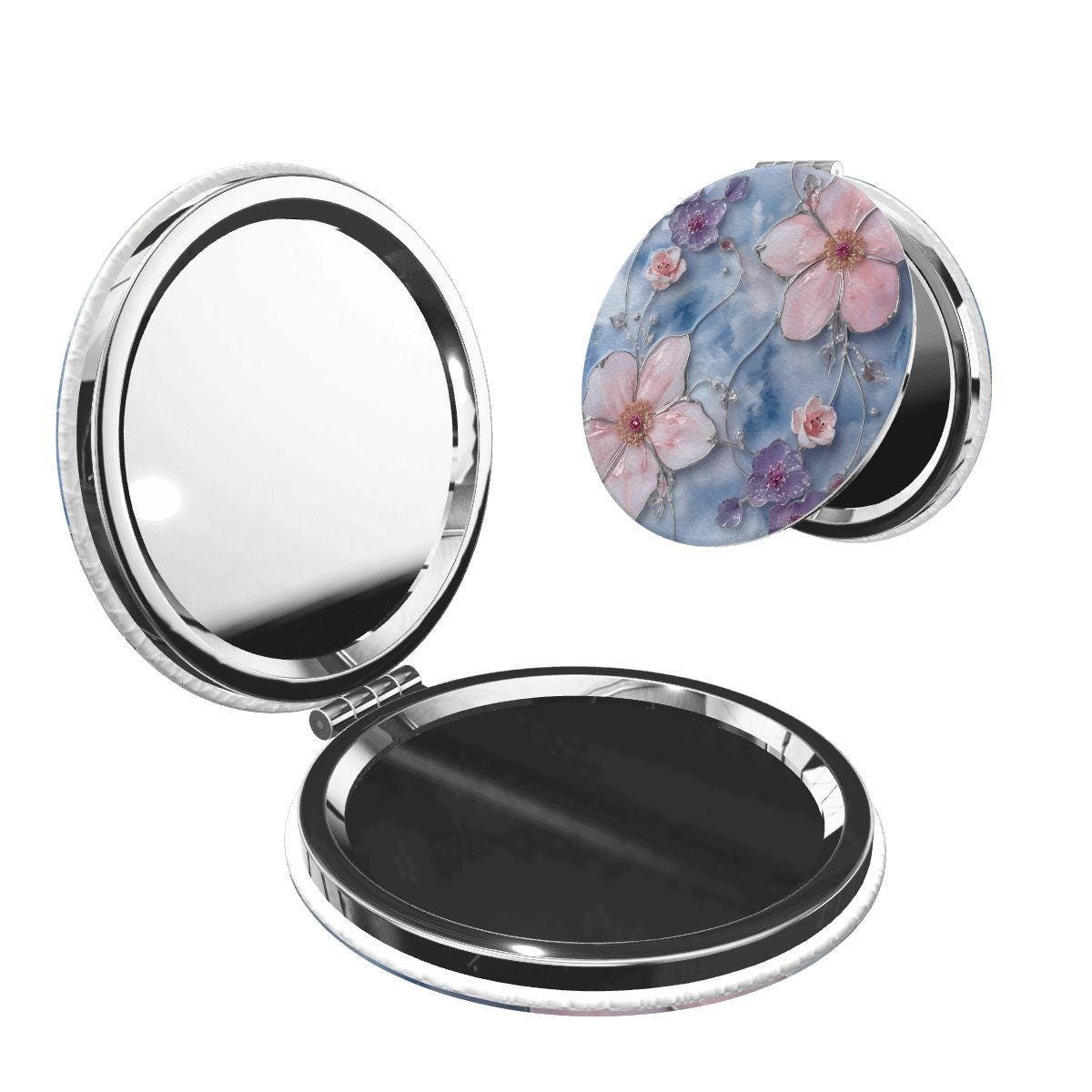 Floral Compact Mirror | Blue Pink Flower Pocket Mirror | Aesthetic Travel Makeup Mirror | Small Purse Mirror Gift for Her