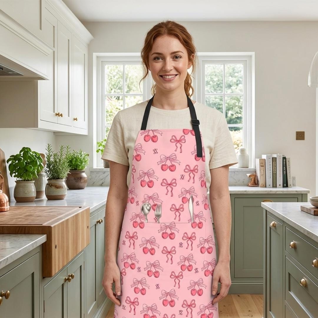 Pink Bow Apron Waterproof with Pockets, Cute Coquette Cooking Apron for Women, Aesthetic Baking Apron, Gift for Her