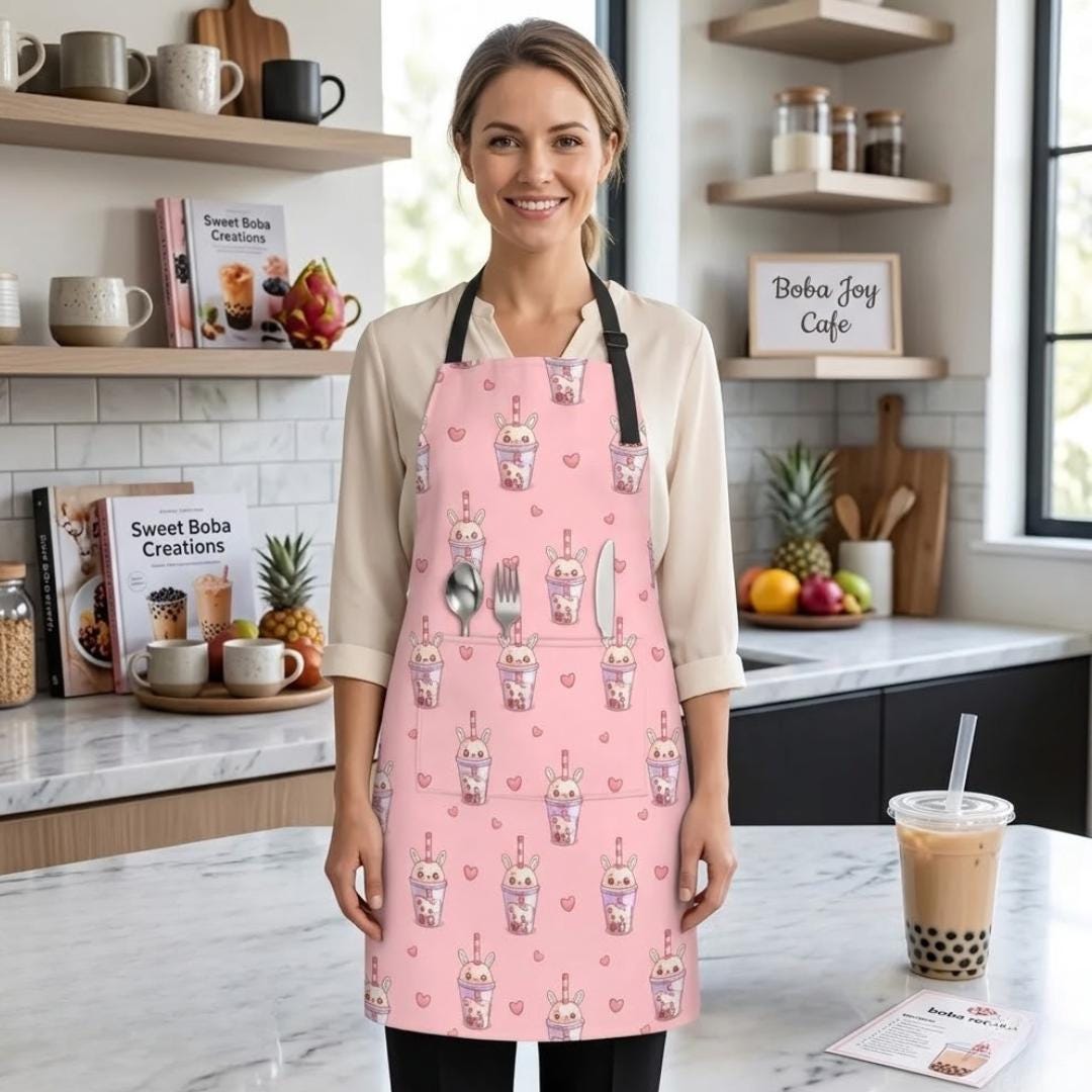 Kawaii Boba Bunny Apron, Pink Rabbit Bubble Tea Kitchen Gift, Cute Baking Apron for Women, Aesthetic Tea Lover Gift, Personalized Chef Apron