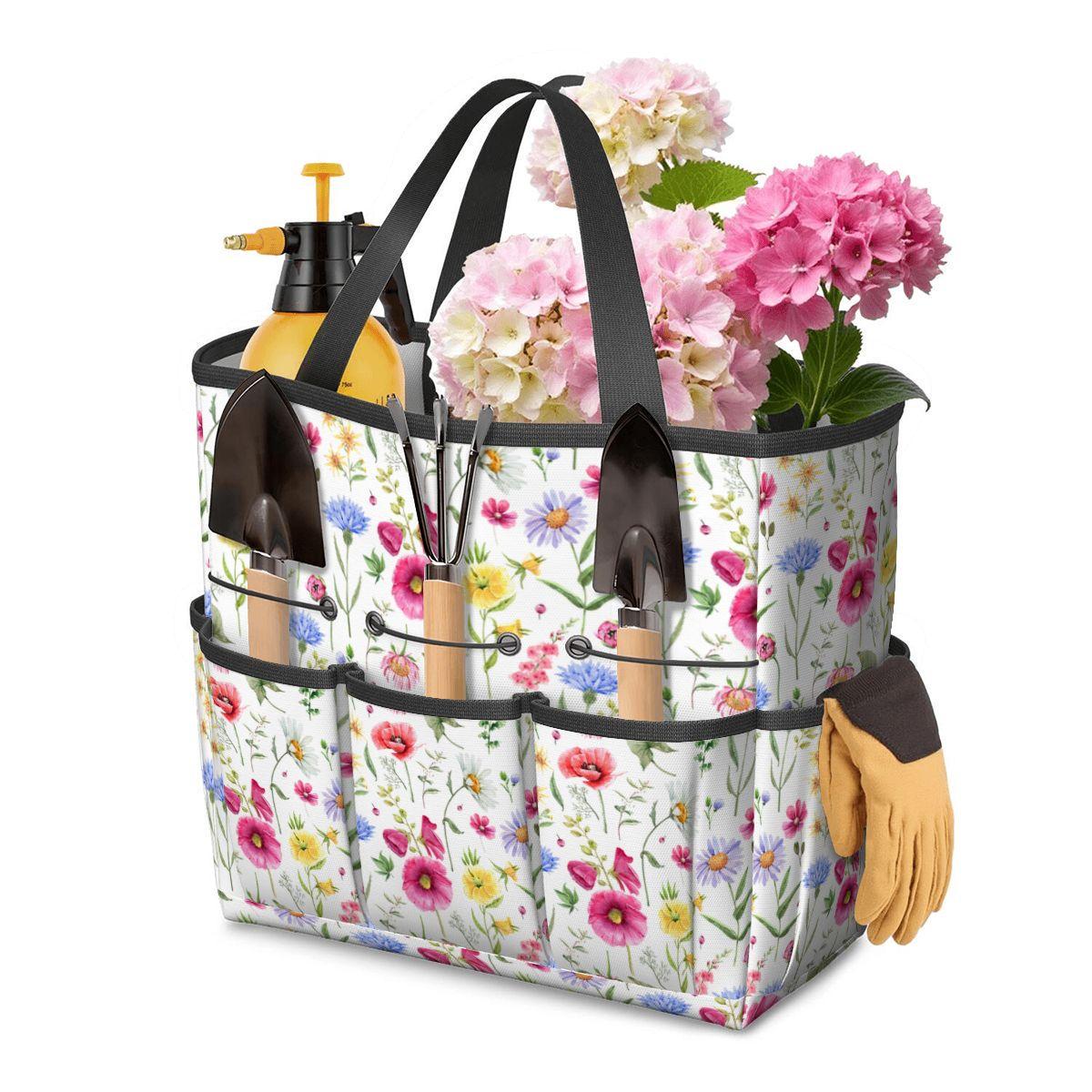 Floral Garden Tool Tote Bag with Optional Personalization, Gardening Organizer with Pockets, Waterproof Yard Caddy Gift for Women Gardeners