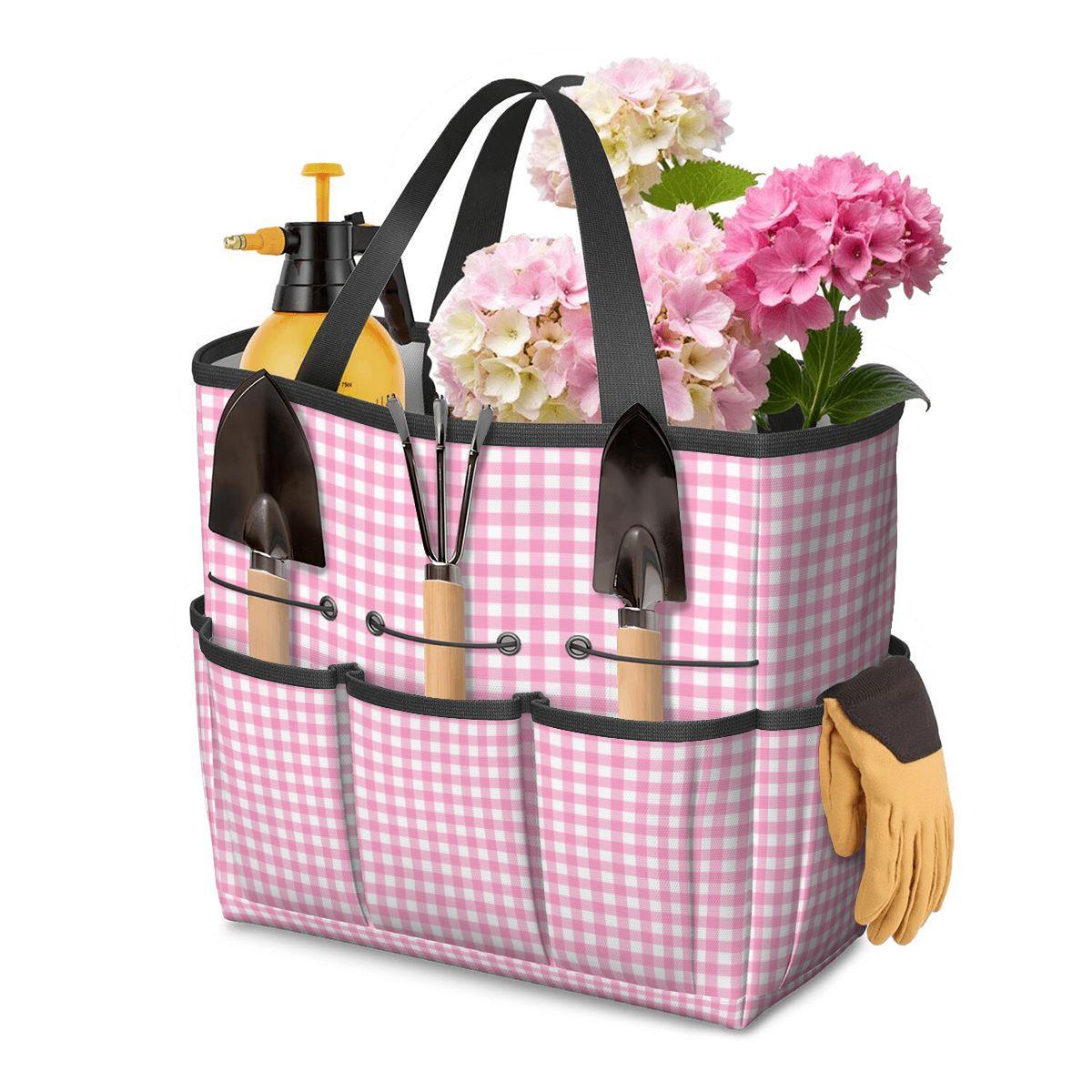 Pink Gingham Garden Tool Tote Bag with Optional Personalization, Gardening Organizer with Pockets, Waterproof Yard Caddy Gift Idea