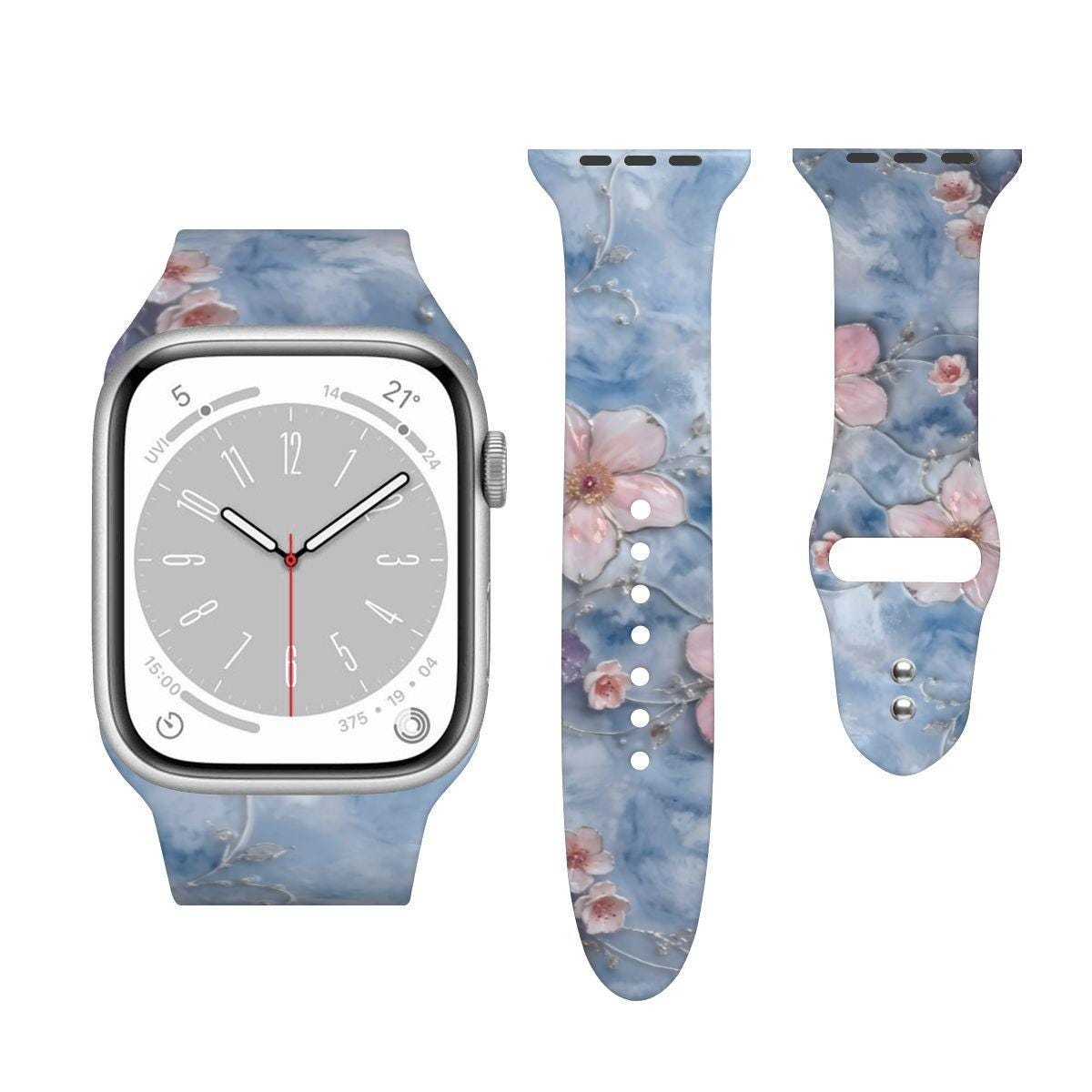 Double Buckle Blue Floral Apple Watch Band, Vintage Flower Strap, Elegant Aesthetic iWatch Band, Gift for Her