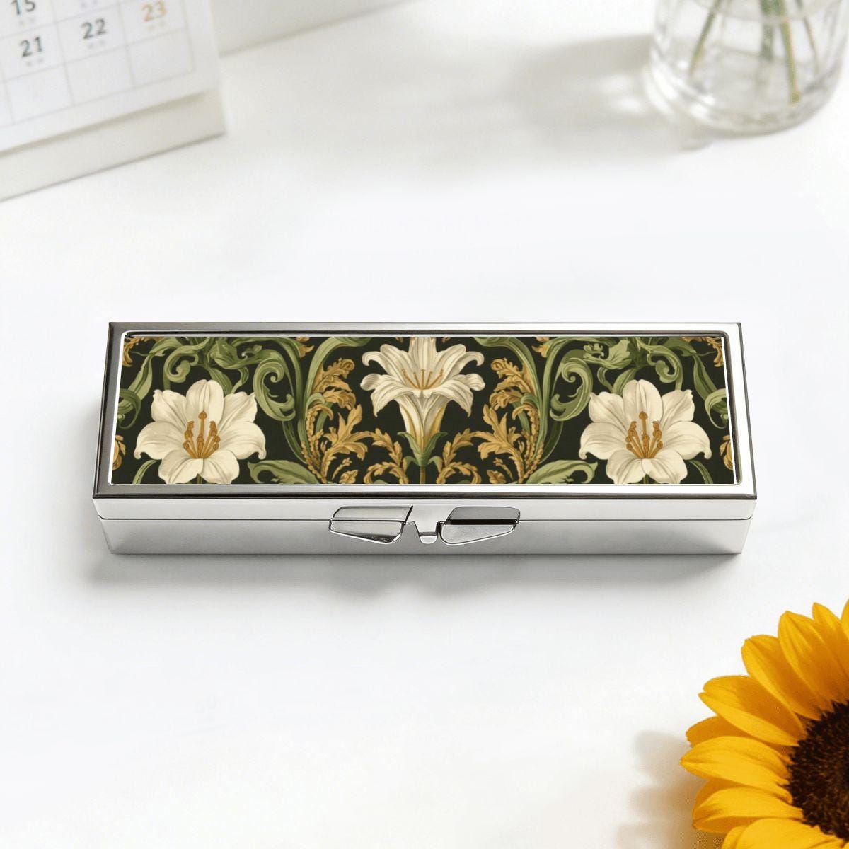 Floral Lily Pill Box Organizer, Vintage Art Nouveau 7 Day Pill Case, Portable Travel Medicine Holder, Metal Vitamin Storage Gift