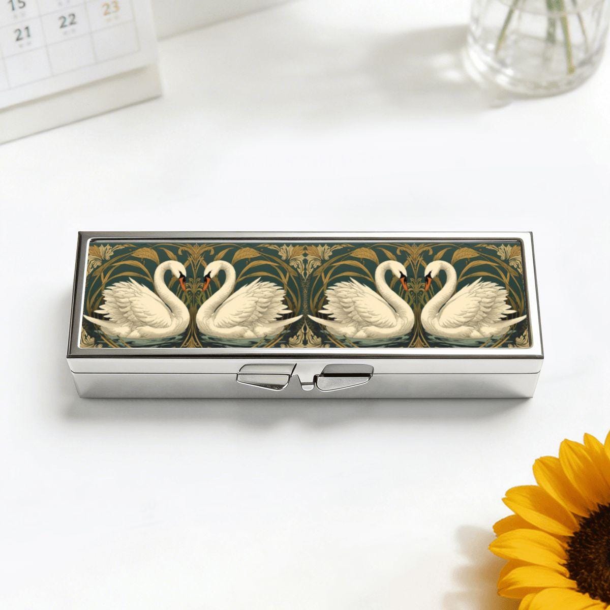 Art Nouveau Swan 7 Day Pill Box, Weekly Medication Organizer Case, Vintage Style Compact Travel Pill Holder, Elegant Gift for Her
