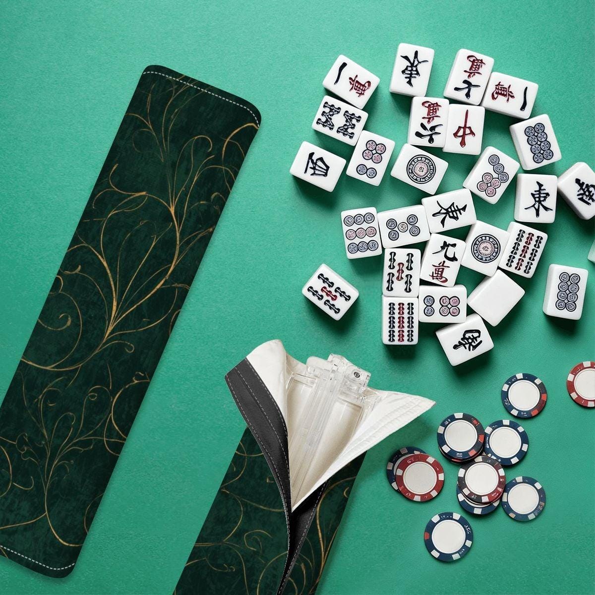 4 Mahjong Tile Pusher Racks with Bag, Green Floral Pusher Racks, Portable Mahjong Accessories Gift