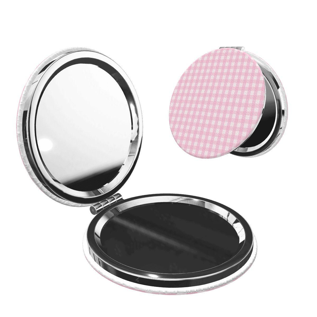 Pink Gingham Round Shape Portable Pocket Mirror