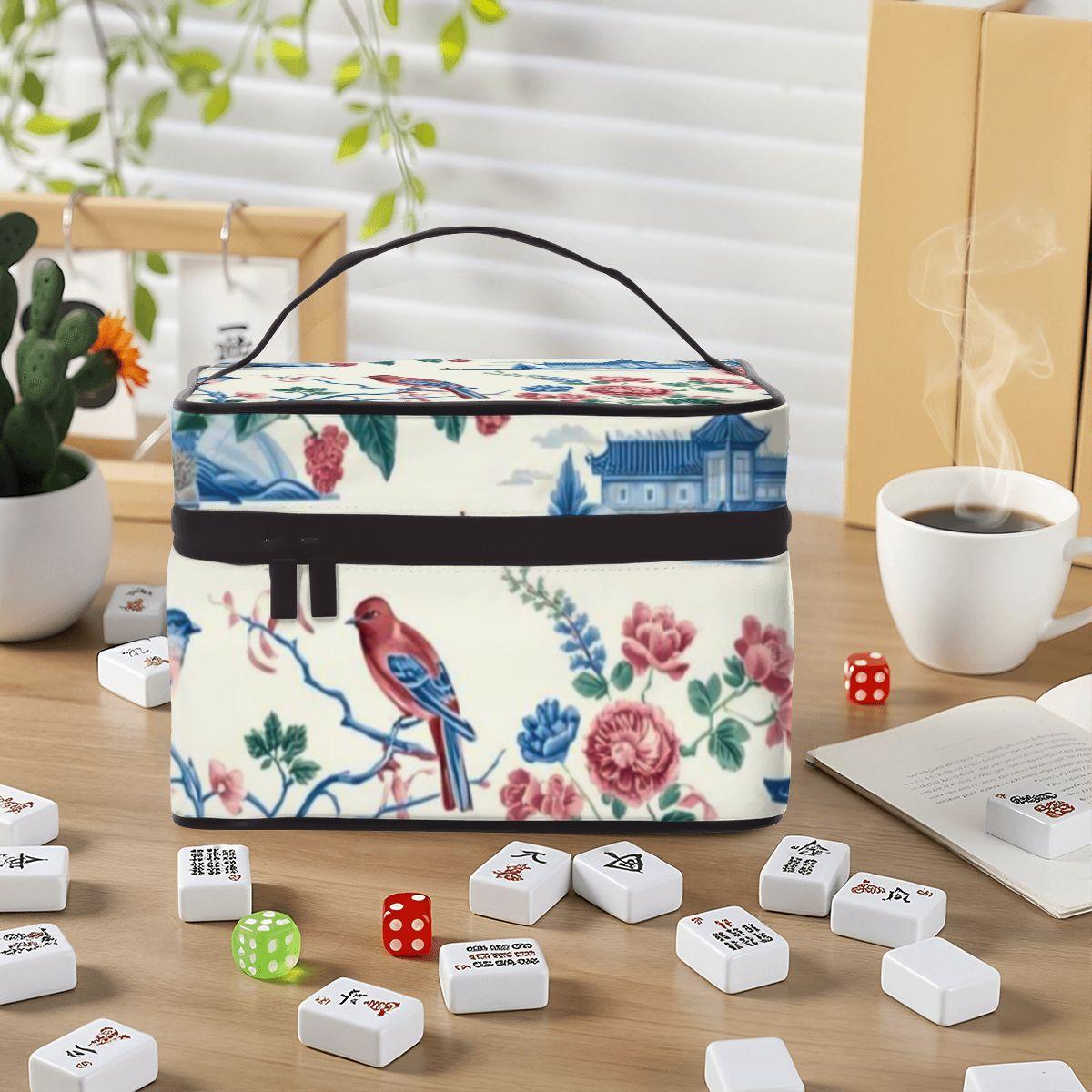 Portable Mahjong Bag with Handle,Floral Bird Mahjong Storage Case, Travel Mahjong Set Organizer, Zipper Carry Case, Gift for Mahjong Players