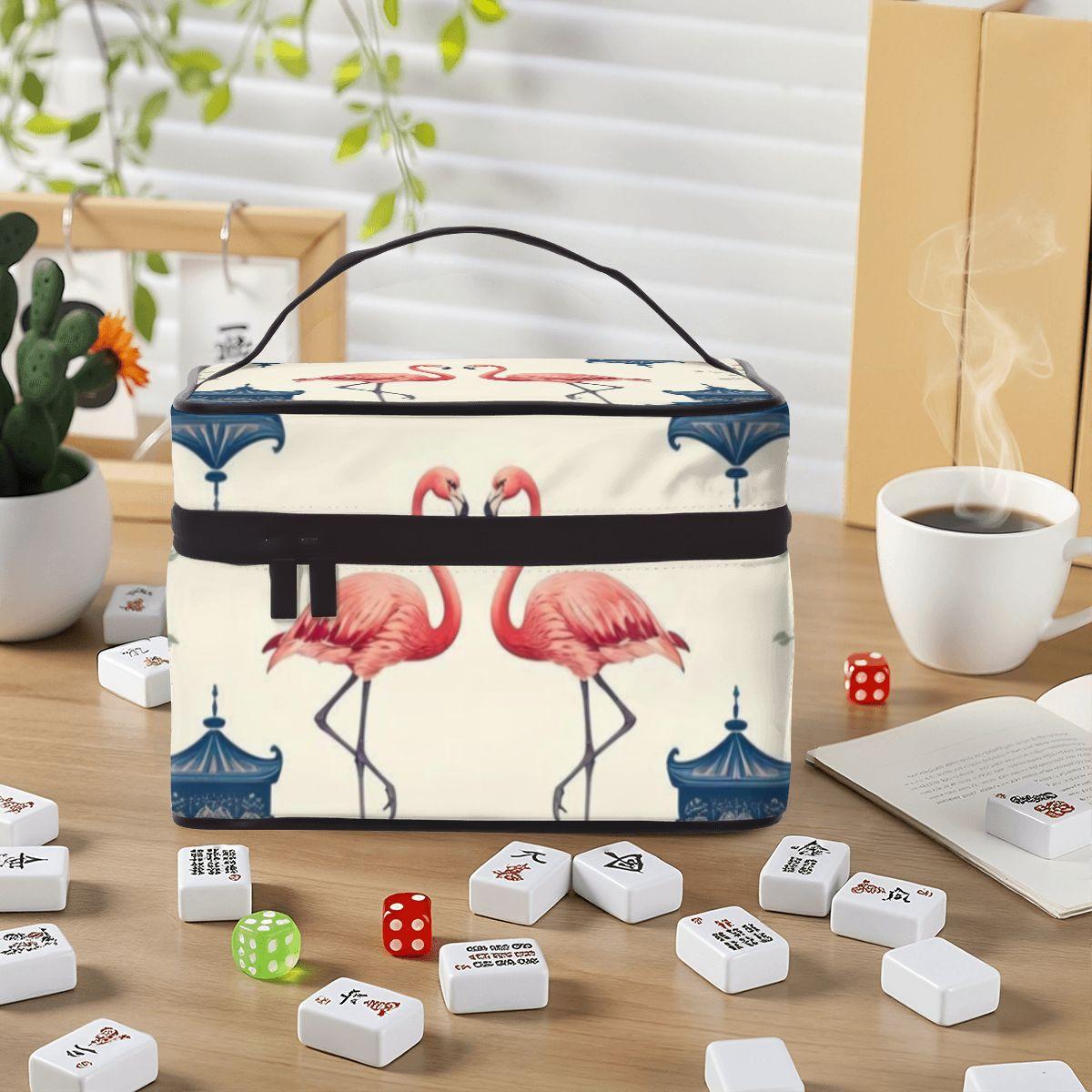 Portable Mahjong Bag Flamingo Print Travel Case, Mahjong Storage Organizer with Handle, Zipper Carry Case for Tiles, Stylish Mahjong Gift