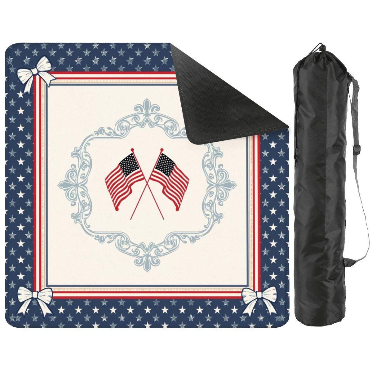 Patriotic American Flag Mahjong Mat 31.5x31.5 Inch, USA Stars Border Game Mat,Non Slip Mahjong Table Cover with Storage Bag (Ship Rolled up)