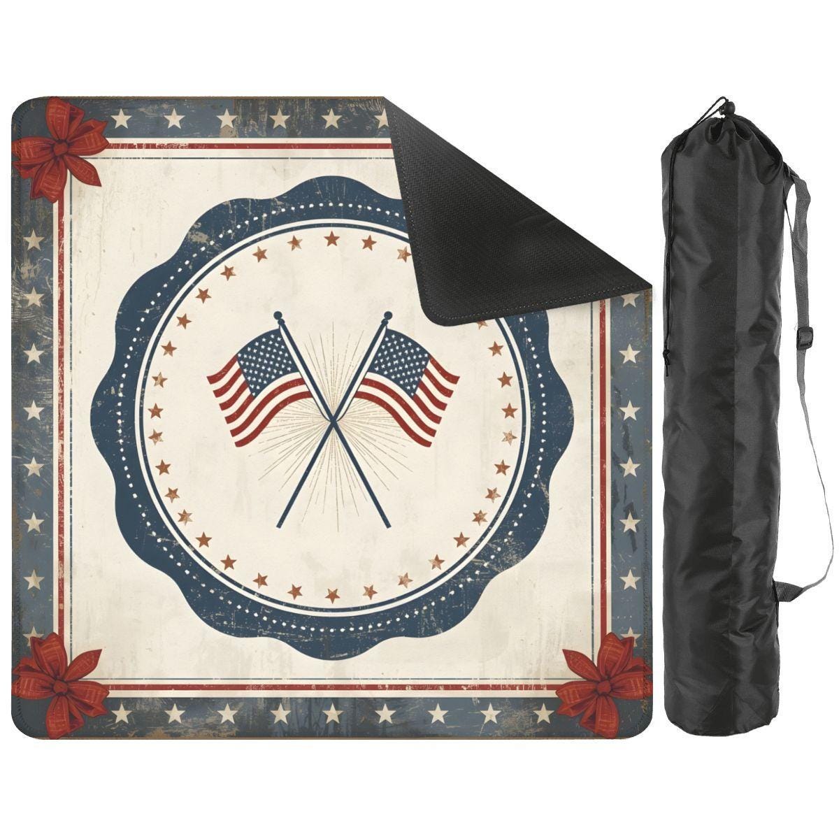 Vintage Patriotic Mahjong Mat 31.5"x31.5",American Flag Circle Design Game Mat,Non Slip Mahjong Table Cover with Storage Bag(Ship Rolled up)