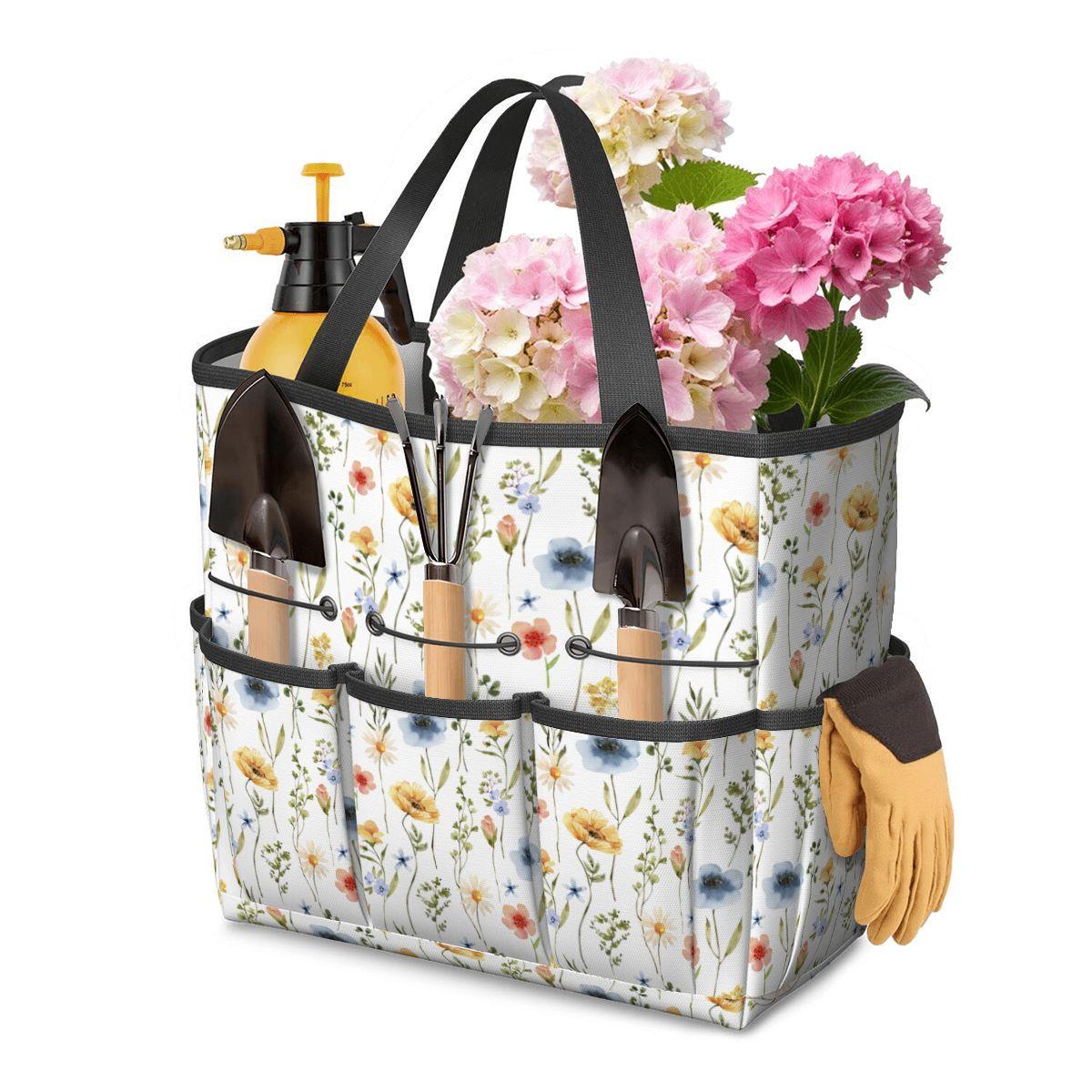 Wildflower Garden Tool Tote Bag with Optional Personalization, Gardening Organizer with Pockets, Waterproof Yard Caddy Gift for Gardeners