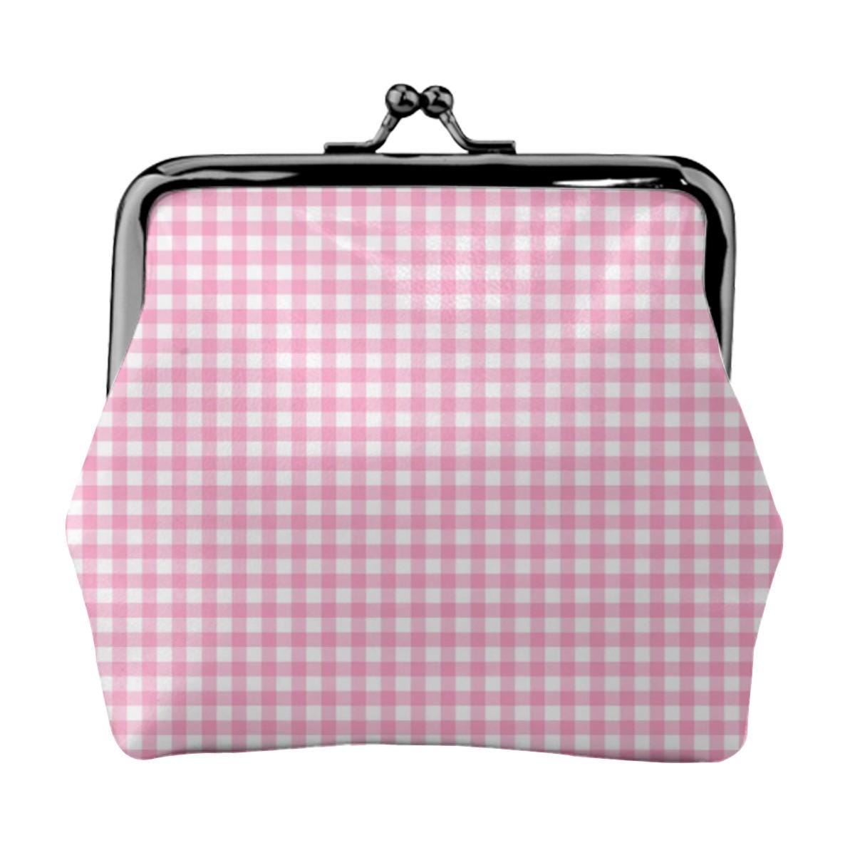 Womens Leather Kiss Lock Coin Purse Pink Gingham Wallet, Vintage Clasp Coin Pouch, Cute Checkered Small Bag, Retro Style Frame Purse Gift
