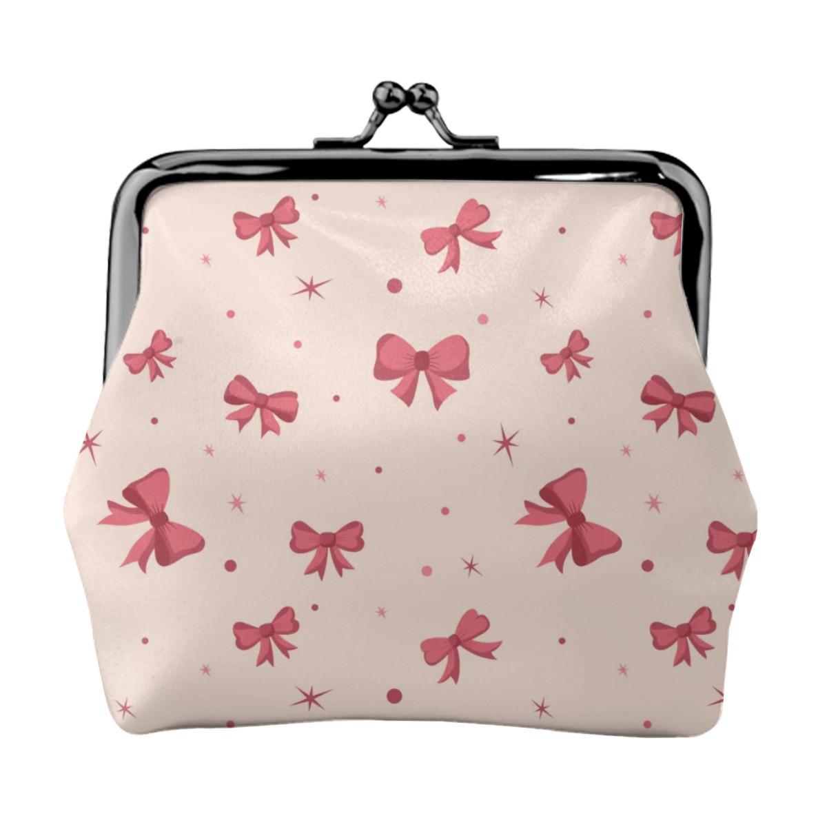 Pink Bow Kiss Lock Coin Purse, Cute Girly Wallet with Ribbon Pattern, Kawaii Clasp Coin Pouch, Small Aesthetic Coin Bag Gift for Her