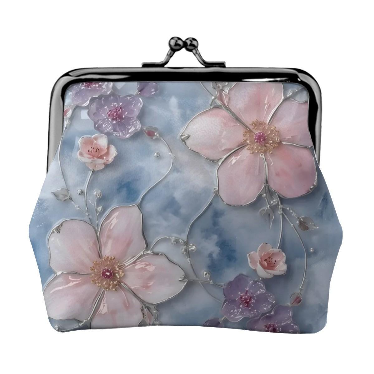 Womens Leather Kiss Lock Coin Purse,Floral Clasp Wallet, Vintage Style Small Pouch, Elegant Frame Coin Bag, Gift for Her Retro Floral Design