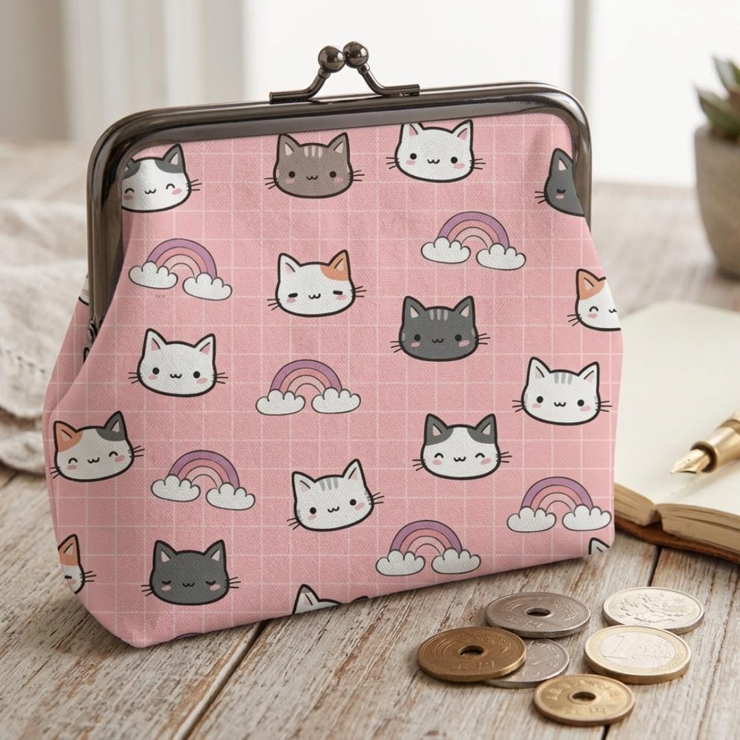 Cute Cat Kiss Lock Coin Purse, Pink Kawaii Wallet with Cartoon Cats and Rainbows, Small Clasp Coin Pouch, Fun Gift for Her Kids Teens
