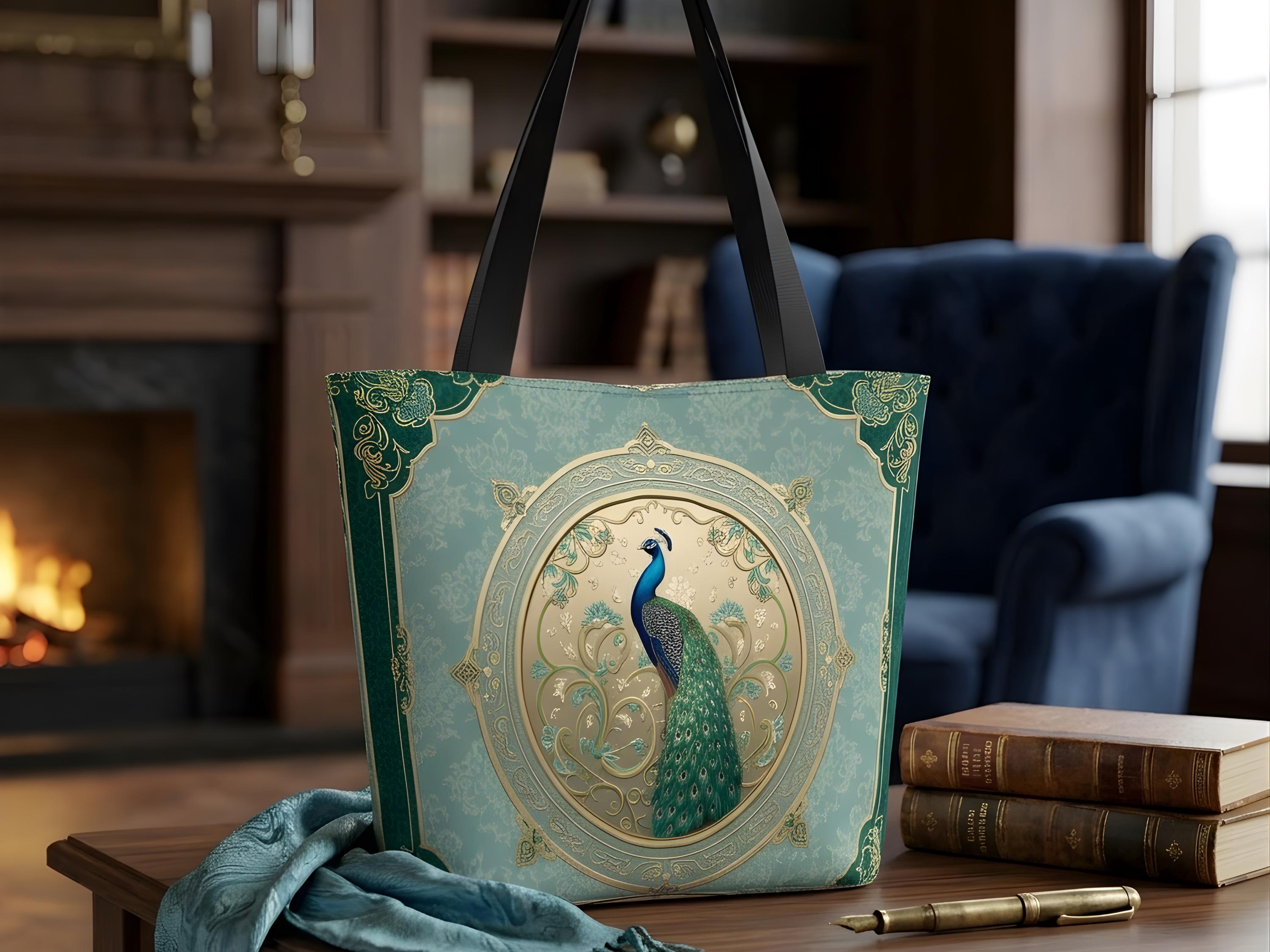 Elegant Peacock Tote Bag, Vintage Green Ornate Pattern Carryall, Aesthetic Everyday Tote, Reusable Shopping Bag, Nature Inspired Gift