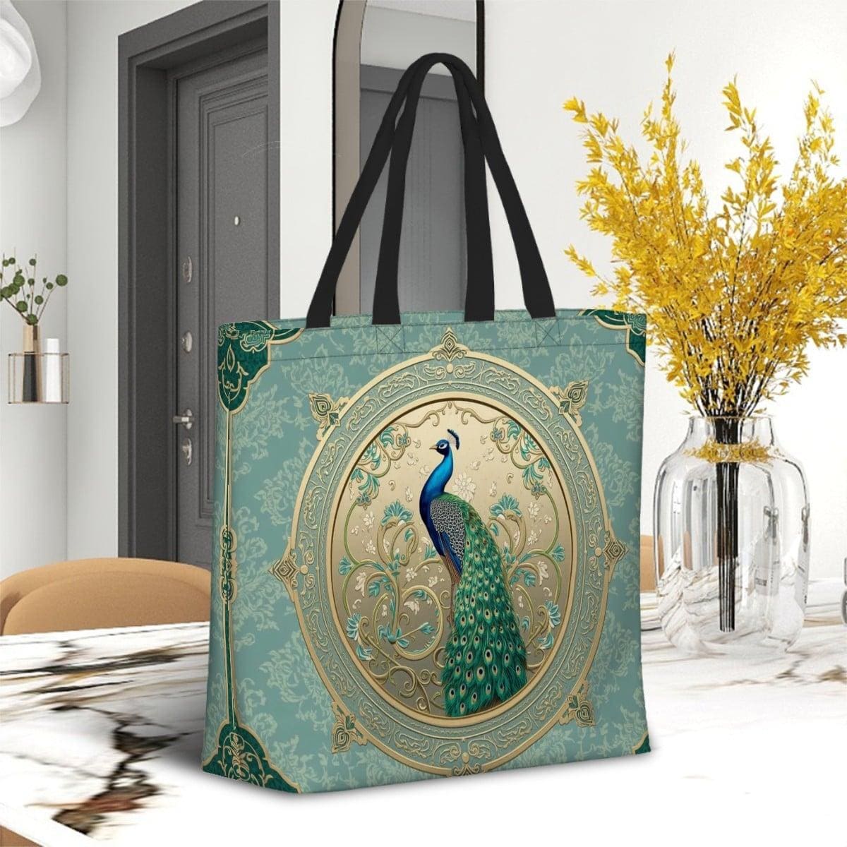 Elegant Peacock Tote Bag, Vintage Green Ornate Pattern Carryall, Aesthetic Everyday Tote, Reusable Shopping Bag, Nature Inspired Gift
