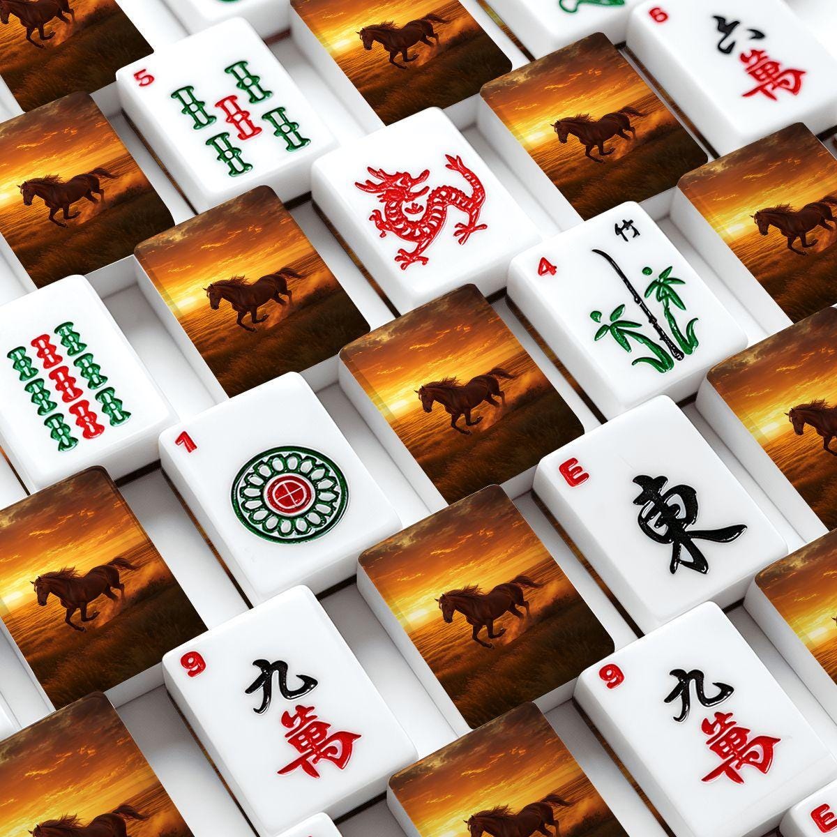 Horse Theme Mahjong Tile Set 166 Pieces, Hand Painted Mahjong Tiles, American Mahjong Game Set, Western Sunset Horse Design Gift