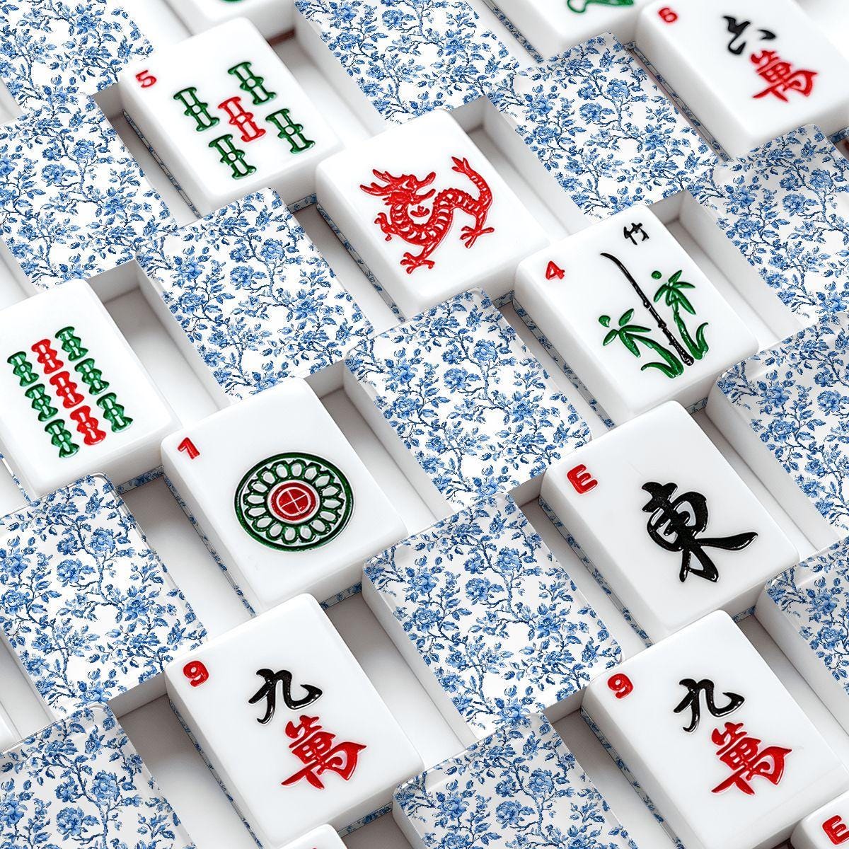 Blue Floral Mahjong Tile Set 166 Pieces,Chinoiserie Mahjong Tiles, Luxury American Mahjong Game Set