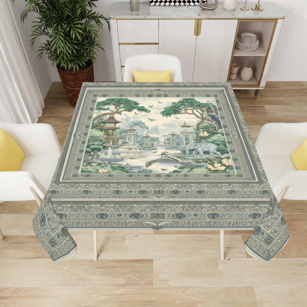 Oriental Landscape Mahjong Table Cloth Square Green Asian Garden Scene Table Cover Chinese Style Decorative Dining Tablecloth Home Decor
