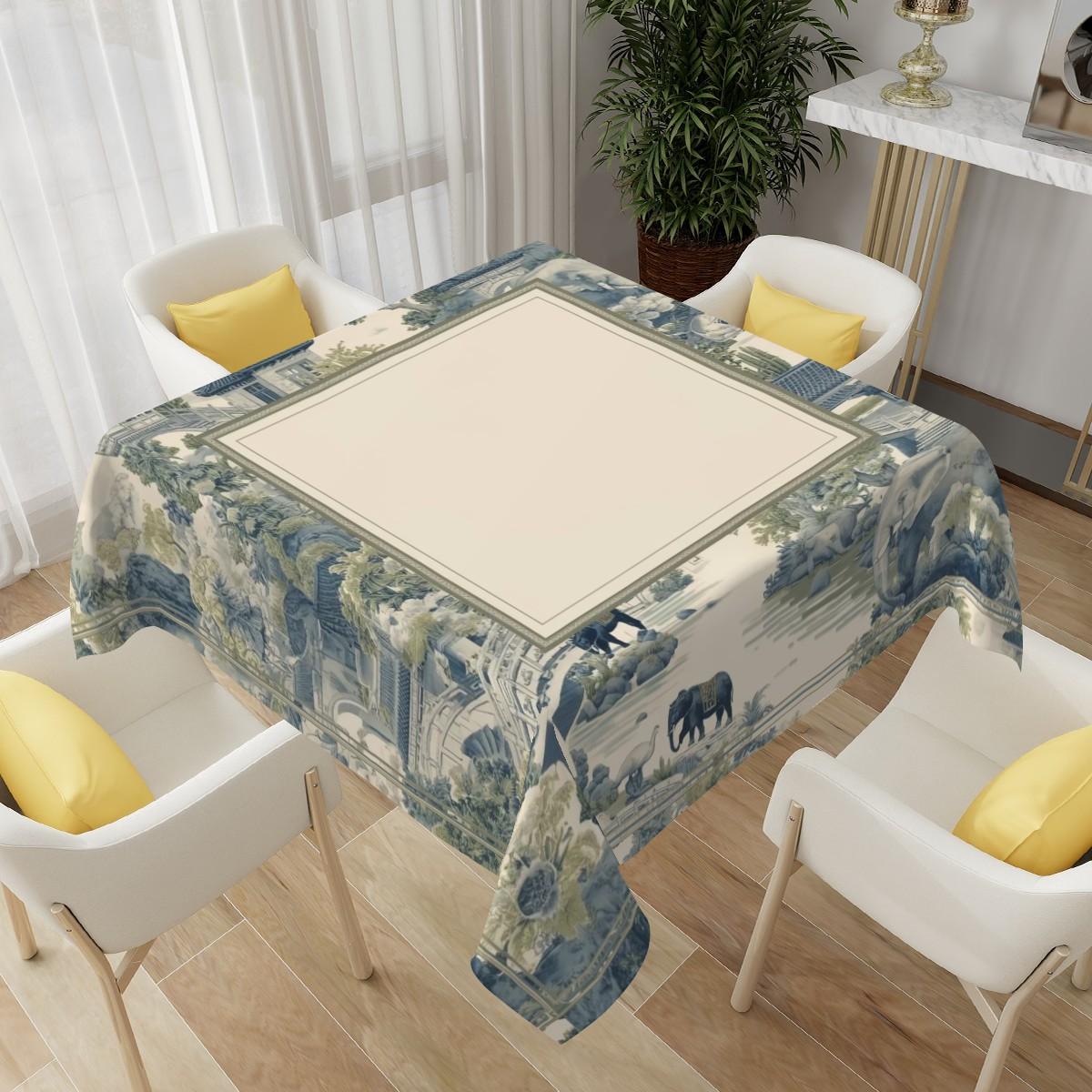 Oriental Garden Mahjong Table Cloth Square Green Landscape Table Cover Asian Bridge Scene Chinese Style Decorative Dining Tablecloth