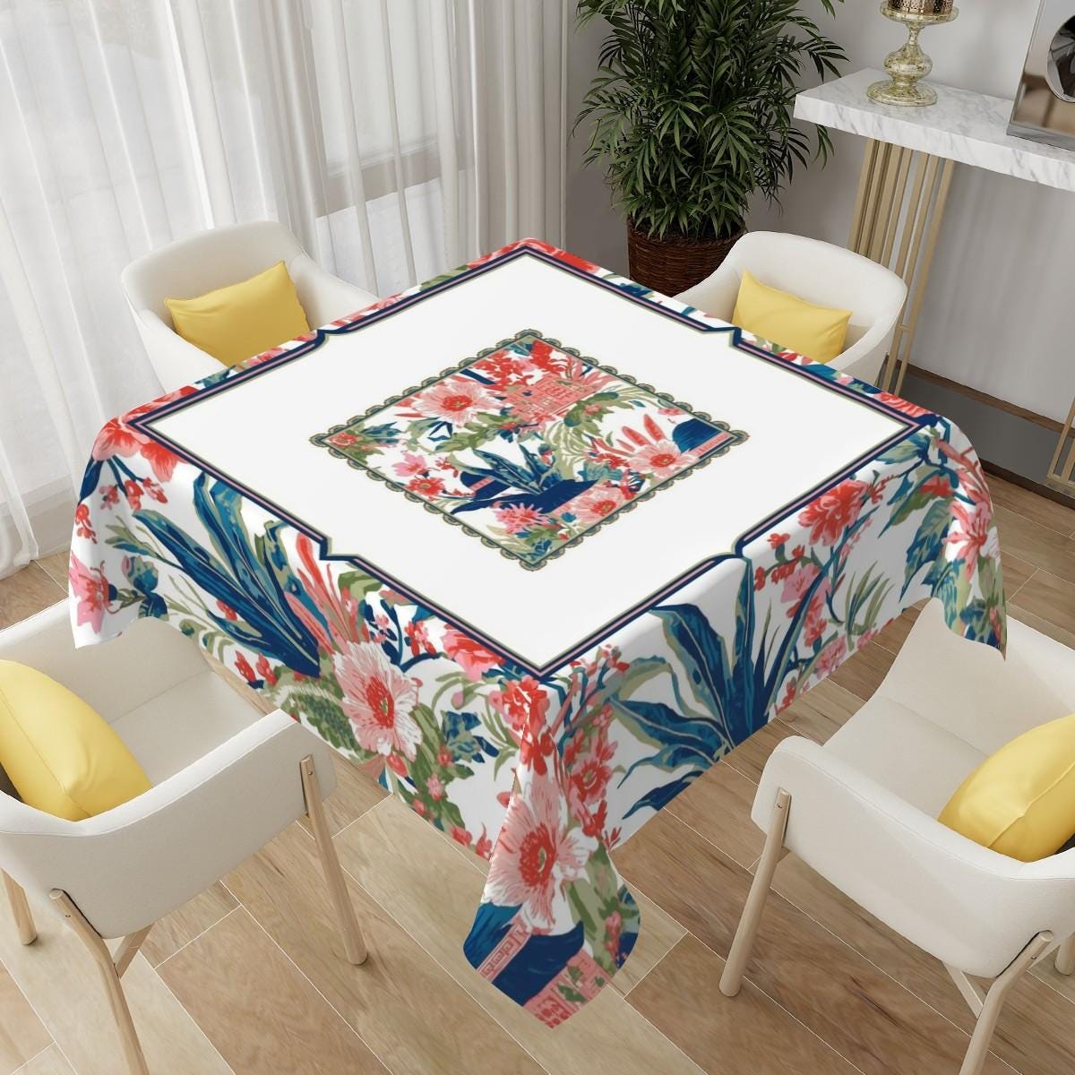 Floral Mahjong Table Cloth Square Colorful Botanical Table Cover Vintage Flower Pattern Decorative Dining Tablecloth Cottagecore Home Decor