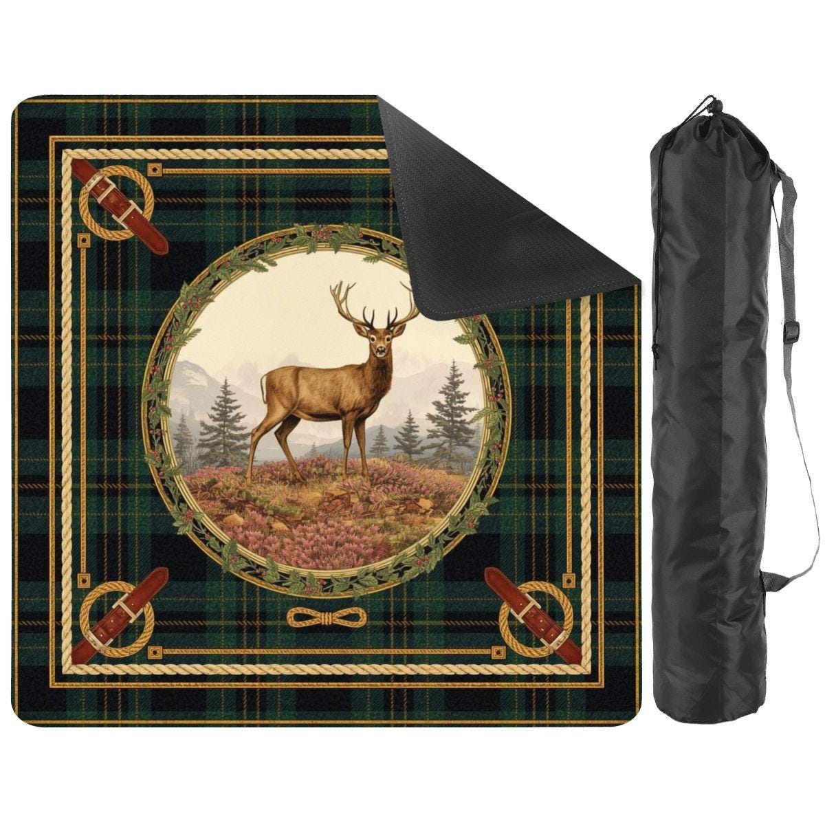 Vintage Deer Mahjong Mat with Carrying Bag,Green Plaid American Mahjong Table Cover,Non Slip Game Mat for Gifts 31.5"x31.5" (Ship Rolled up)
