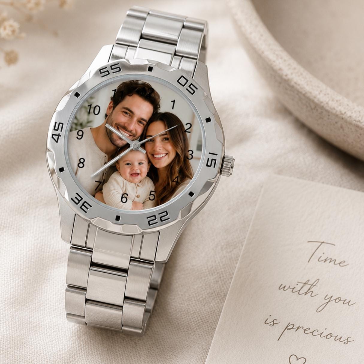 Personalized Menβs Stainless Steel Photo Watch, Custom Picture Wristwatch, Family Photo Watch Gift for Husband Dad Boyfriend