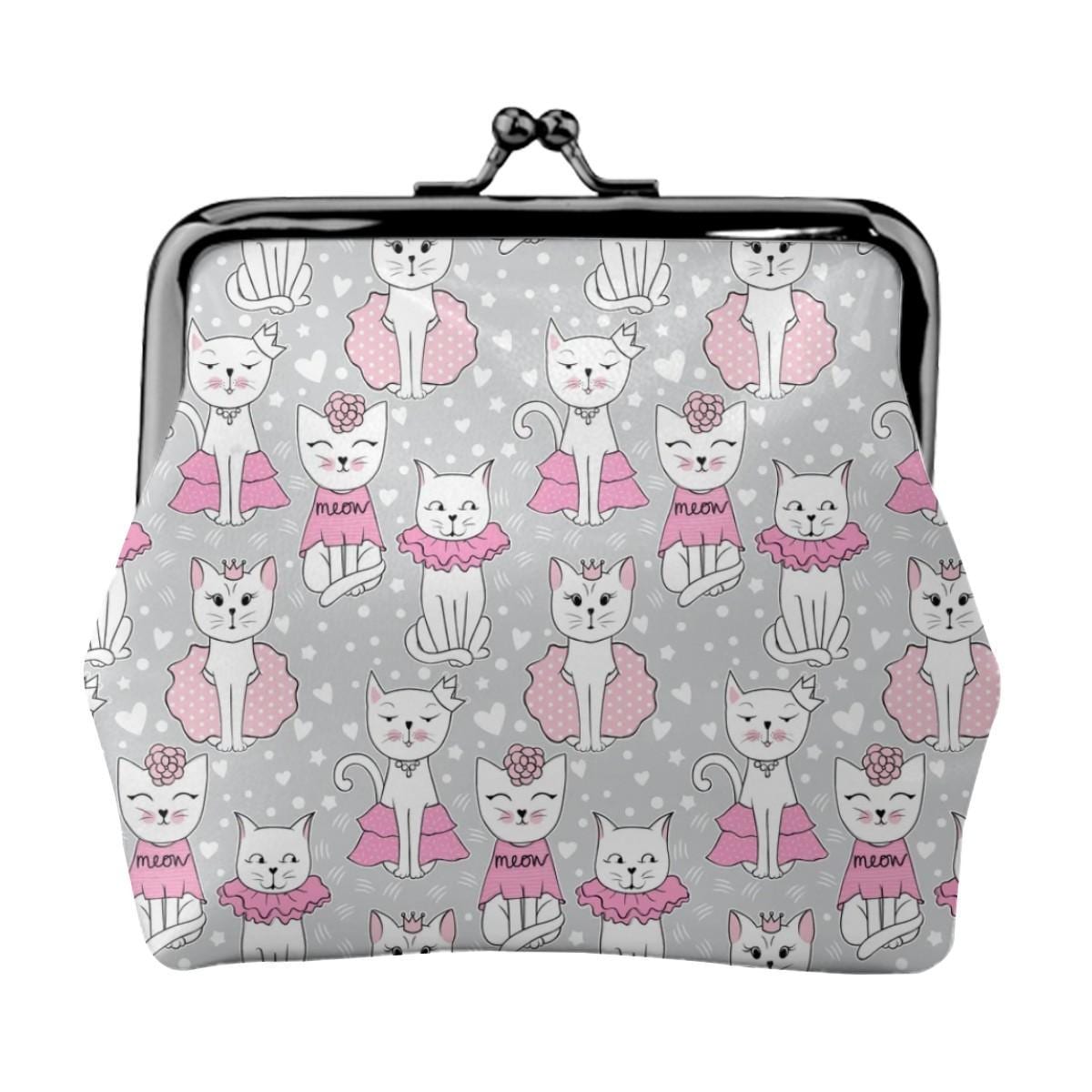 Cute Cat Kiss Lock Coin Purse, Kawaii Kitten Wallet Pink Gray Pattern, Cartoon Cat Clasp Pouch, Small Coin Bag Gift for Her Kids