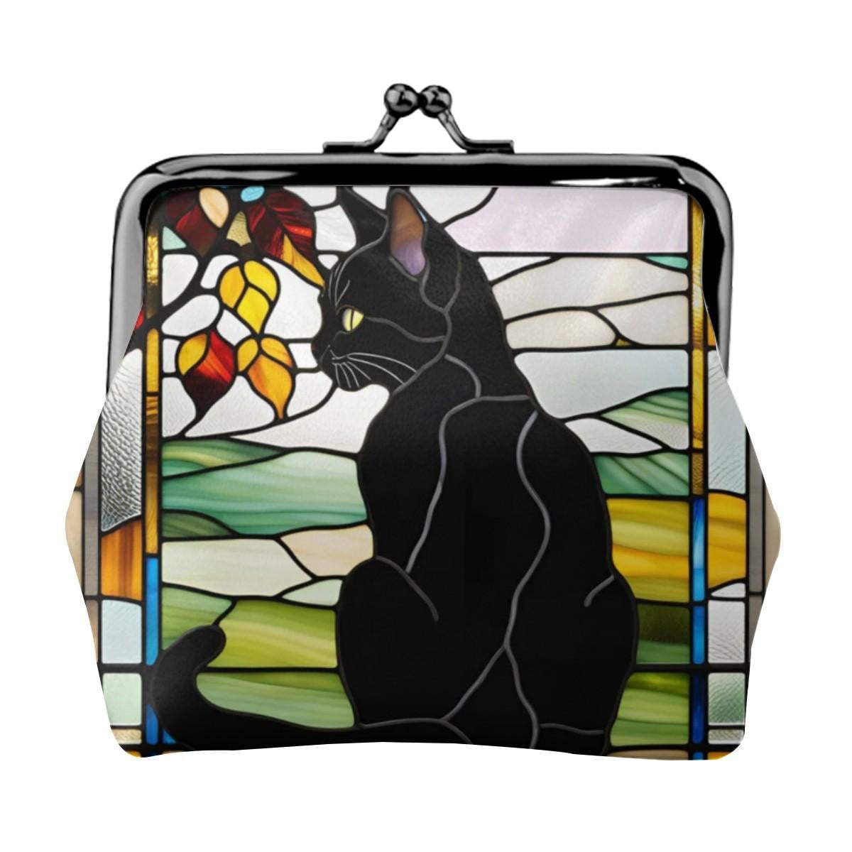 Black Cat Stained Glass Kiss Lock Coin Purse, Artistic Cat Wallet, Vintage Style Clasp Pouch, Colorful Mosaic Coin Bag Gift for Her