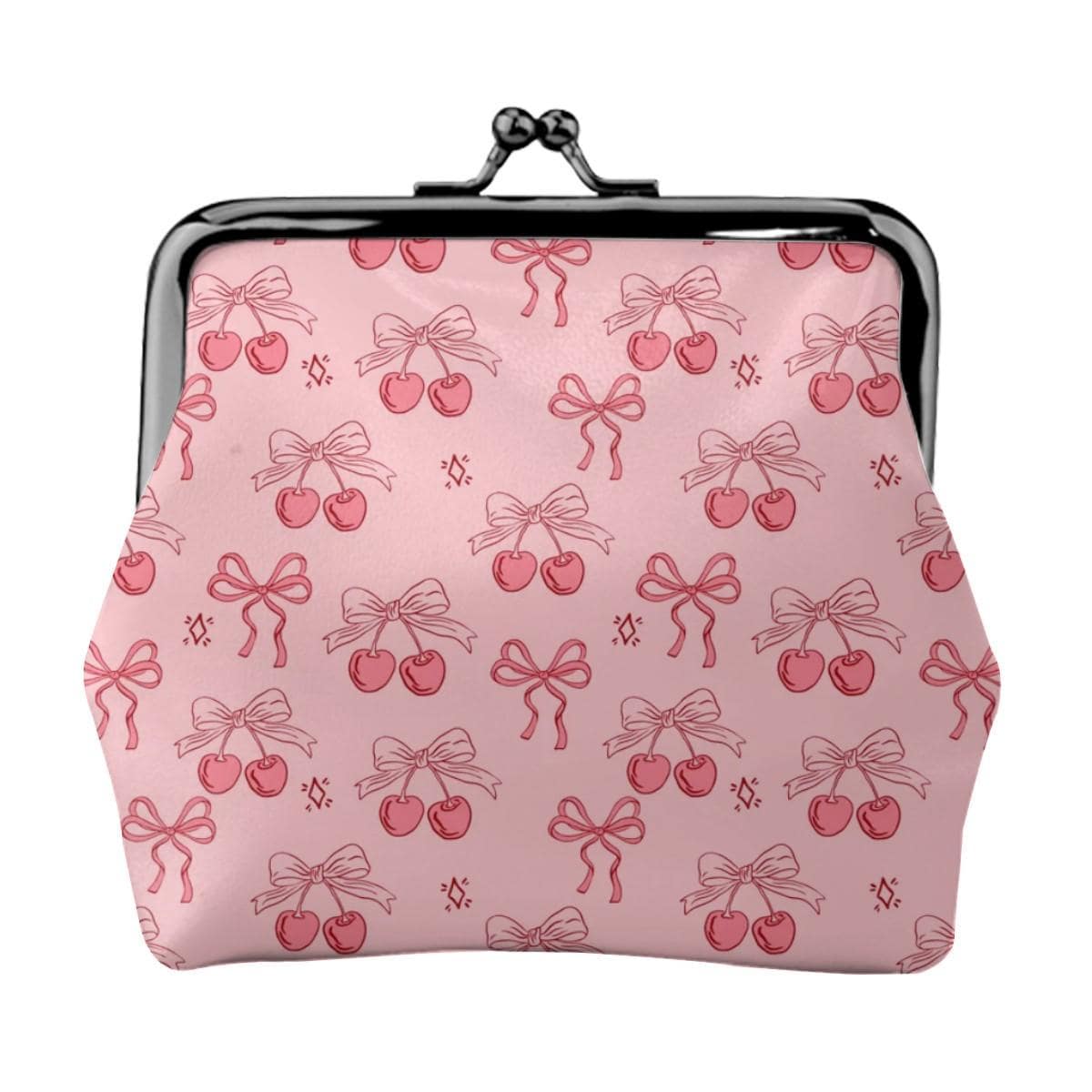 Cherry Bow Kiss Lock Coin Purse, Cute Pink Wallet with Bows and Cherries, Kawaii Clasp Coin Pouch, Small Retro Coin Bag Gift for Her