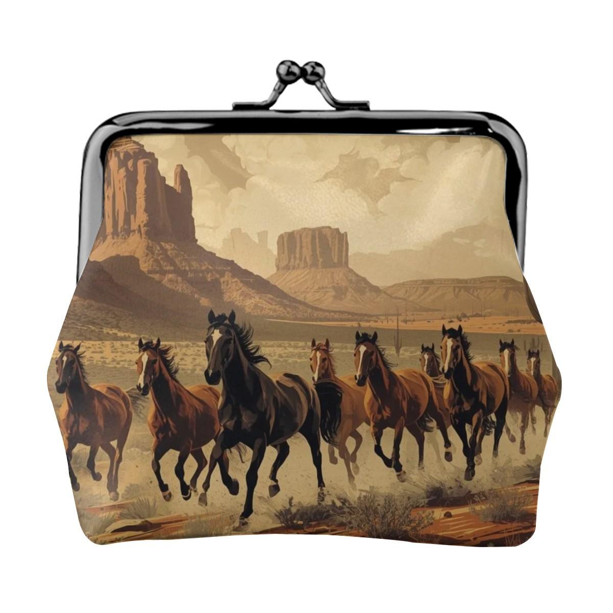 Western Horse Kiss Lock Coin Purse, Vintage Cowboy Desert Wallet, Running Horses Clasp Pouch, Rustic Western Coin Bag Gift for Her